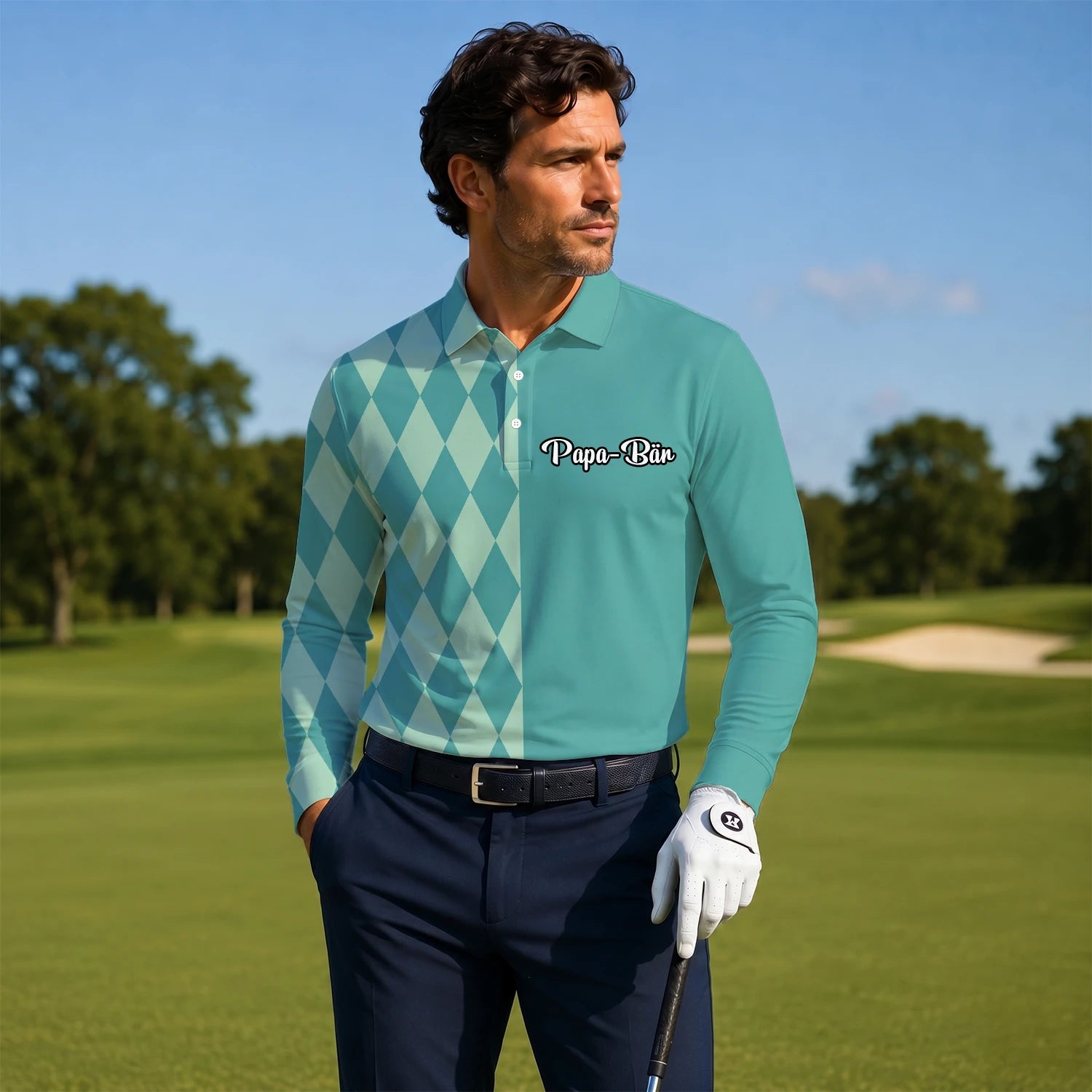 Personalisiertes Golf Poloshirt Türkis Mint Rauten Muster für Herren A8483