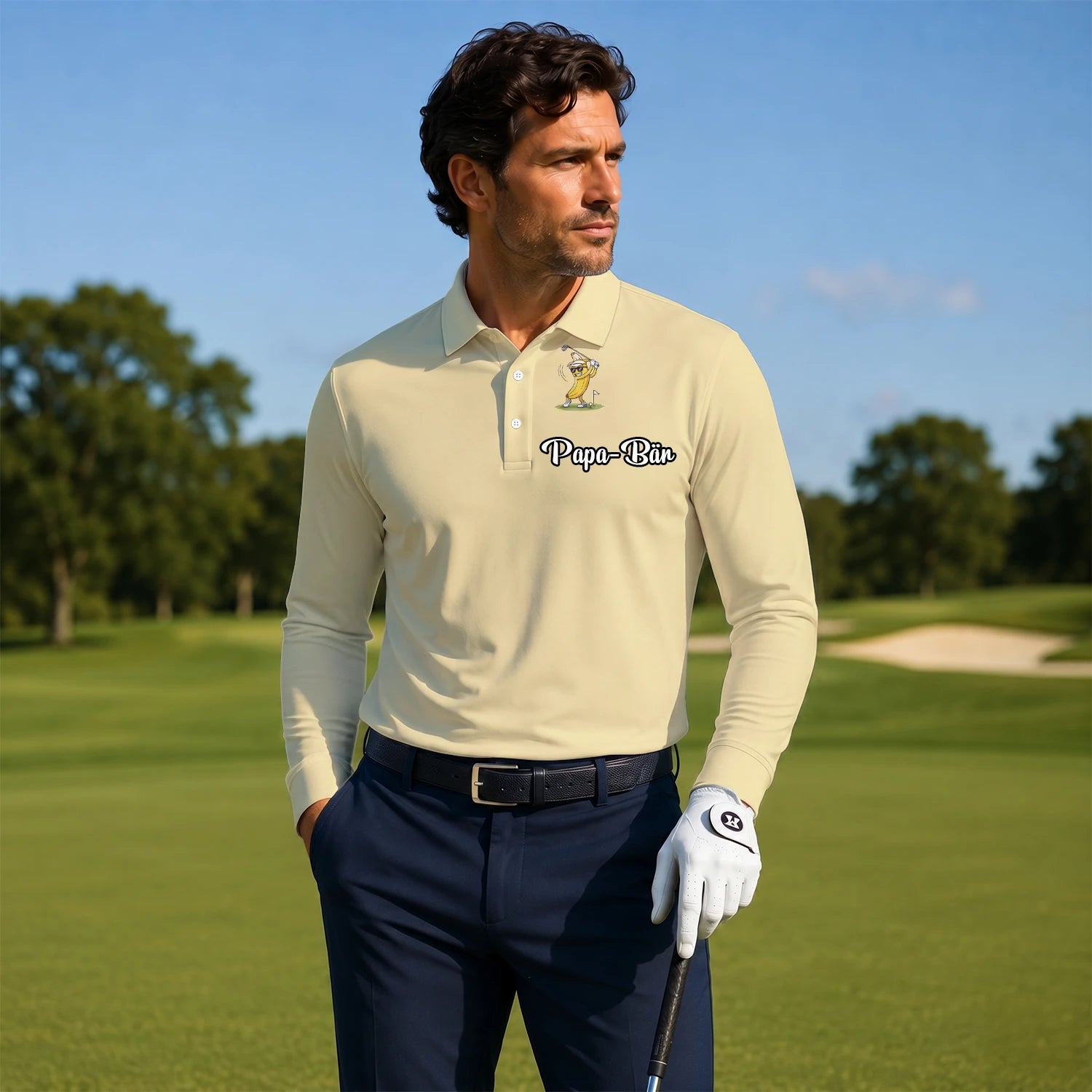 Personalisiertes Golf Poloshirt Hellgelbes Bananen Golfer Cartoon Design für Herren X9847