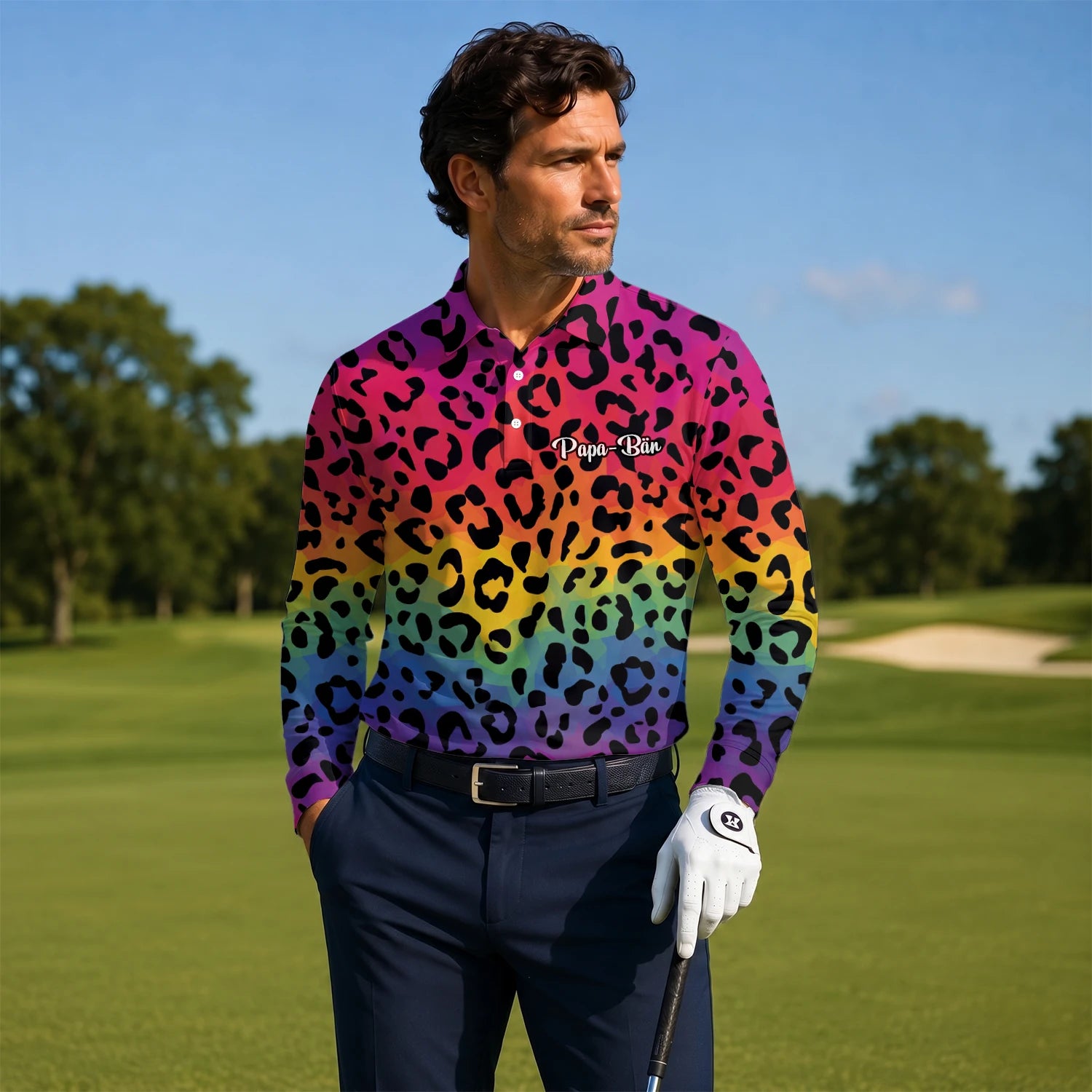 Personalisiertes Golf Poloshirt Regenbogen Leo Print Design für Herren X1632