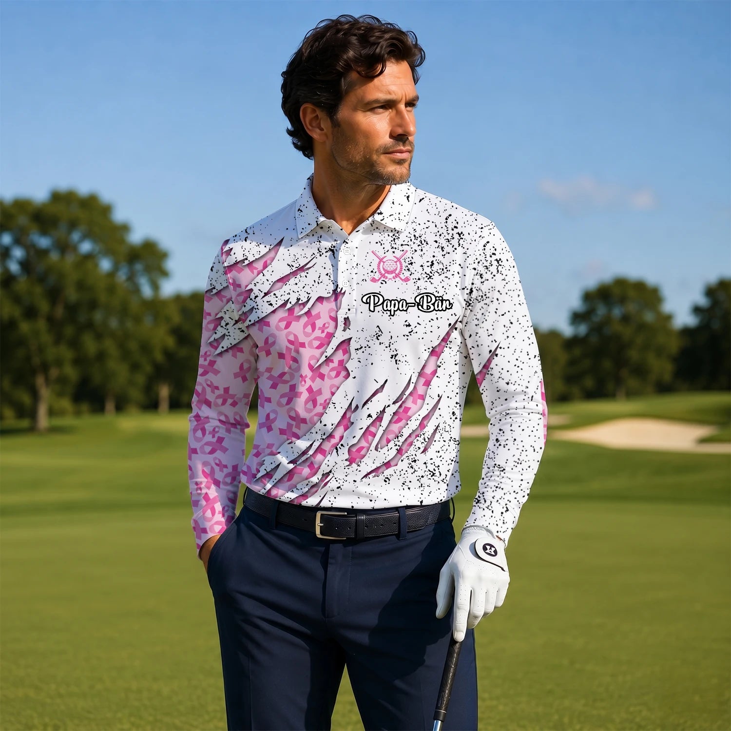 Personalisiertes Golf Poloshirt Weiß Rosa Brustkrebs Schleifen Zerrissenes Design für Herren B7190