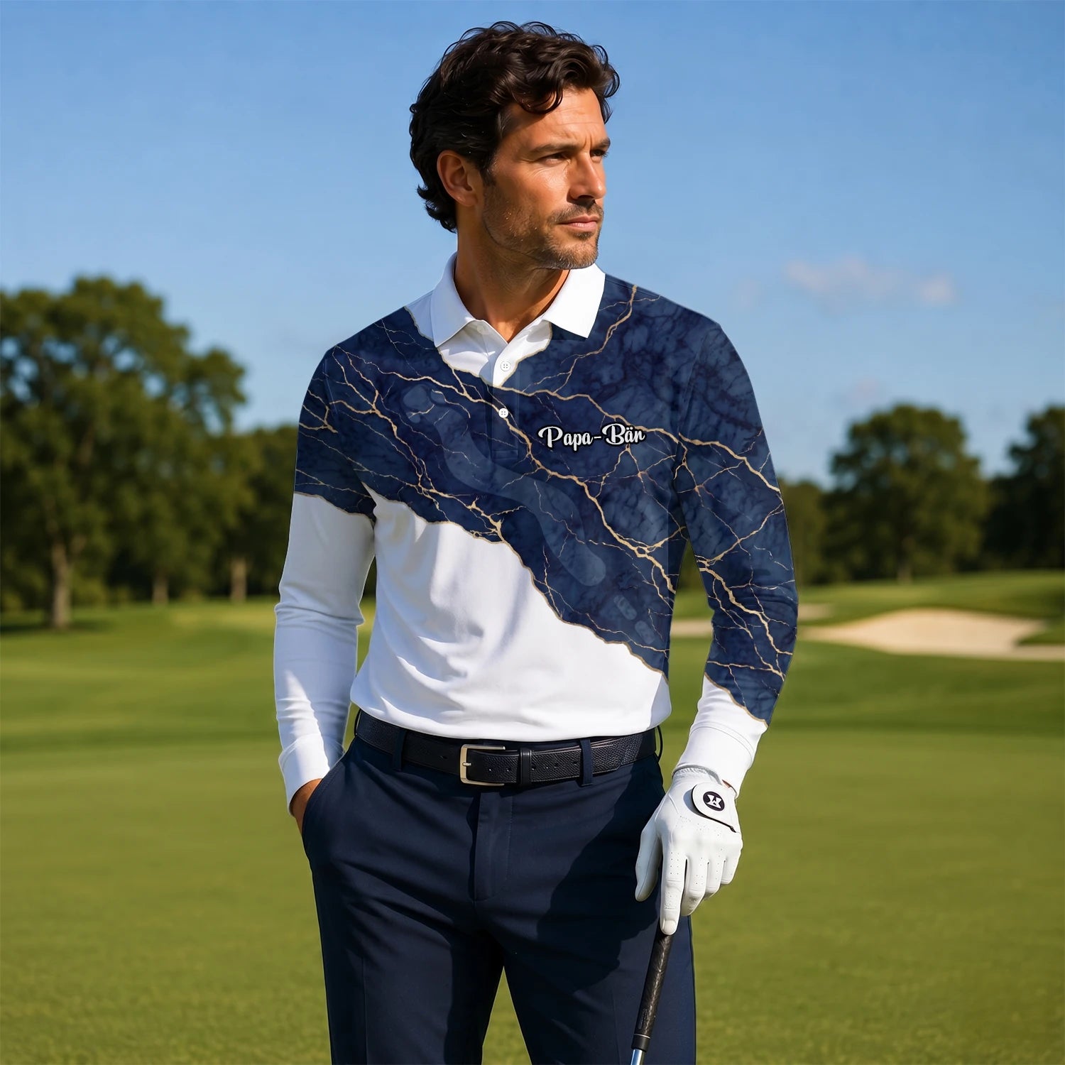 Personalisiertes Golf Poloshirt Weiß Marineblaues Marmor Goldadern Design für Herren B4939