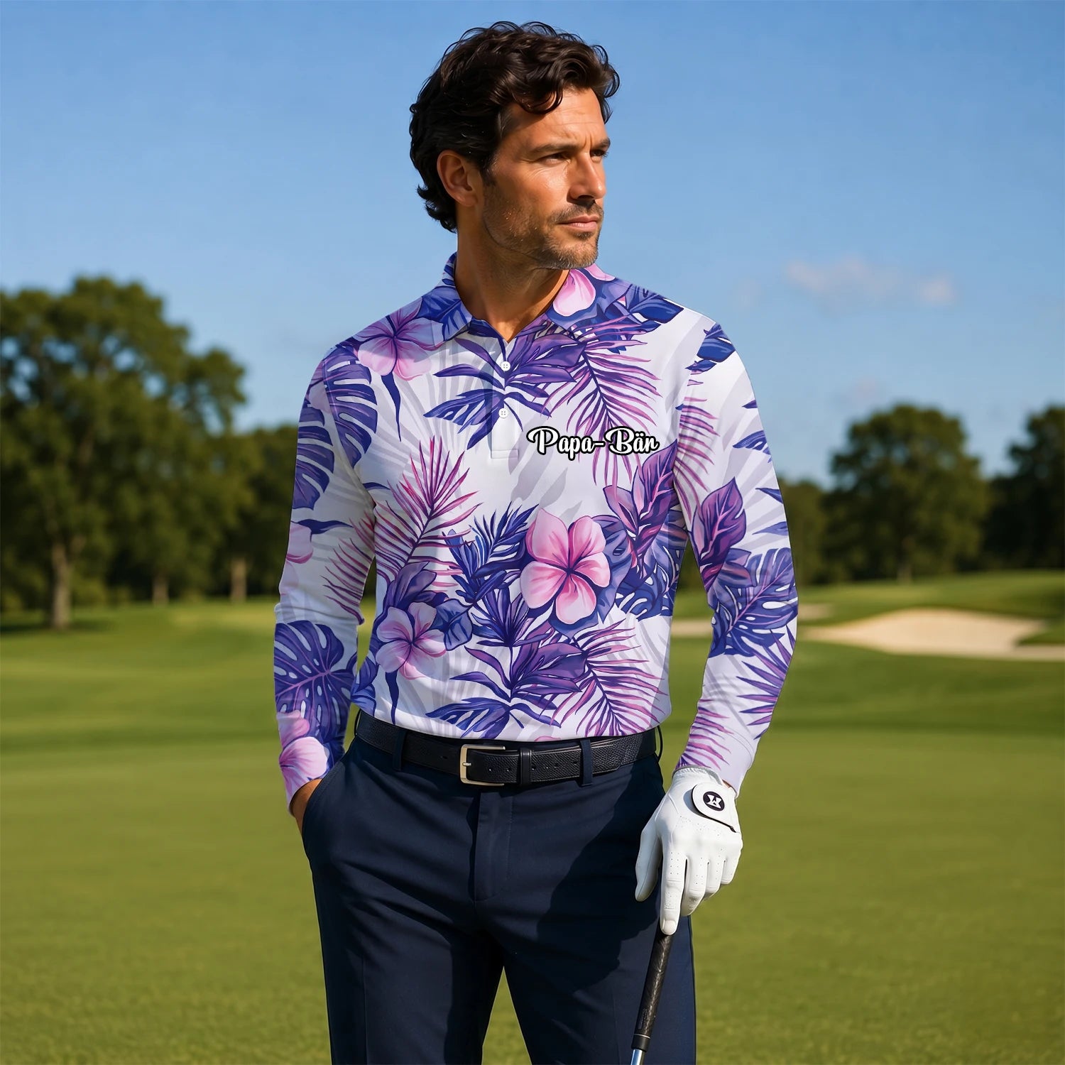 Personalisiertes Golf Poloshirt Weiß Lila Tropisches Hibiskus Blätter Design für Herren H1054
