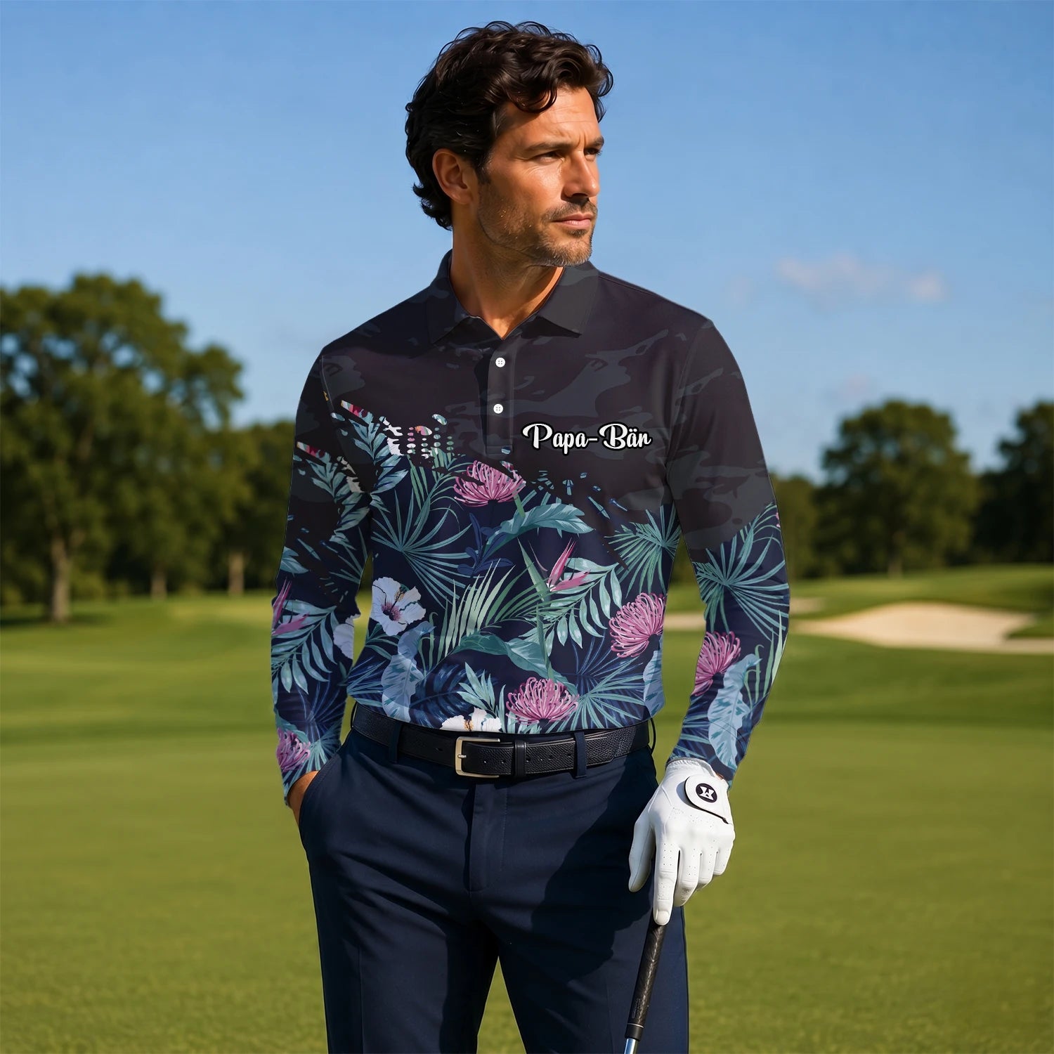 Personalisiertes Golf Poloshirt Marineblaues Tropisches Blumen Blätter Design für Herren N4110