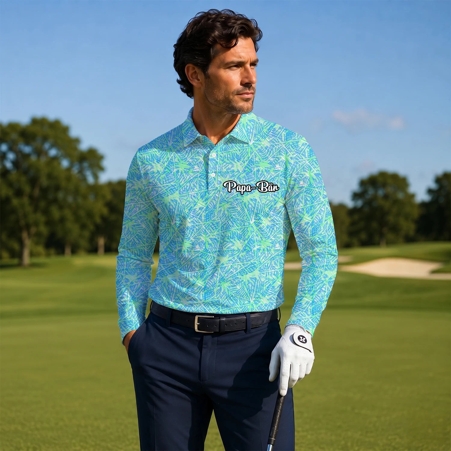 Personalisiertes Golf Poloshirt Türkis Limettengrünes Tropisches Blätter Design für Herren U1015