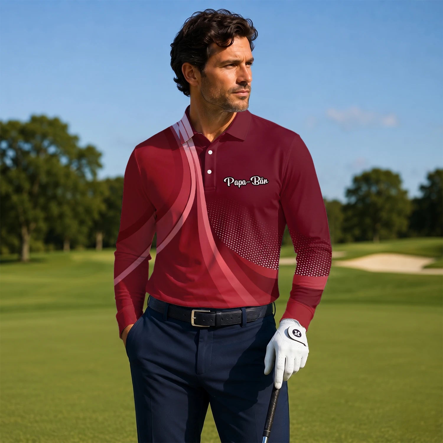 Personalisiertes Golf Poloshirt Bordeaux Rotes Abstraktes Wellen Design für Herren B4612