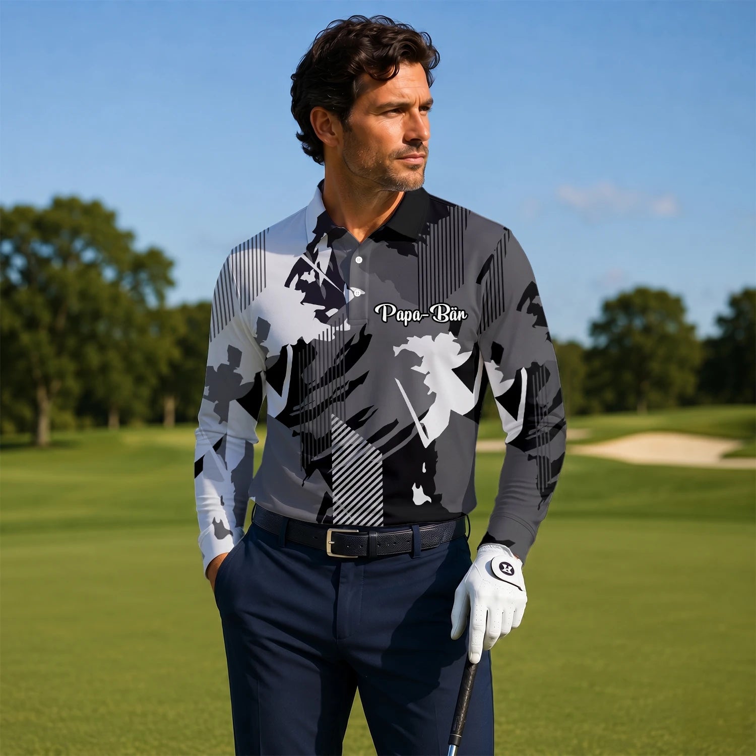 Personalisiertes Golf Poloshirt Grau Schwarzes Abstraktes Pinselstreifen Design für Herren I7293