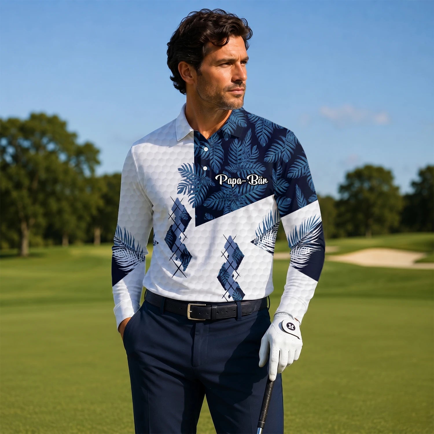 Personalisiertes Golf Poloshirt Weiß Marineblaues Tropisches Blätter Rauten Design für Herren D6549