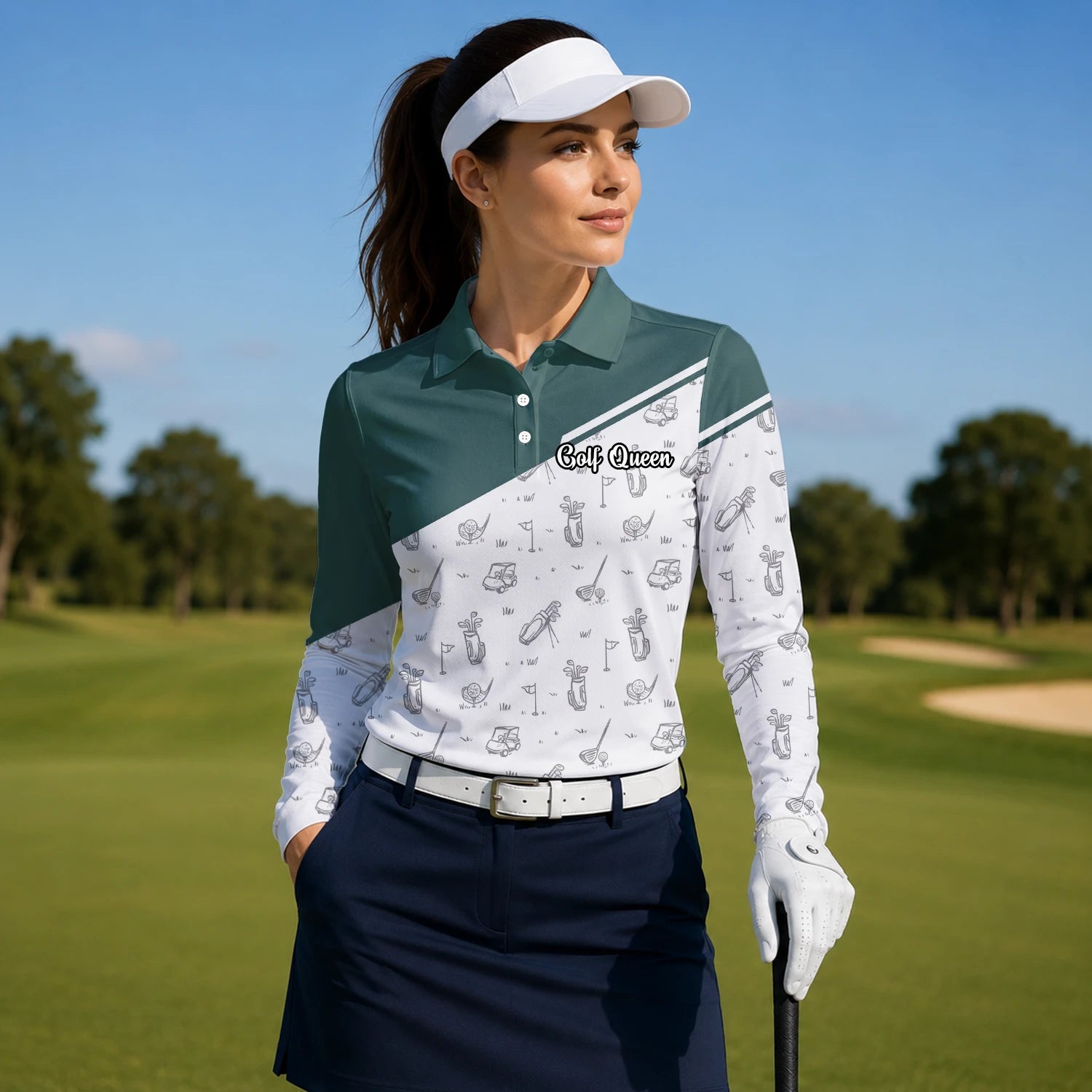 Personalisiertes Golf Poloshirt Grün Weißes Golfschläger Skizzen Design für Damen L9936