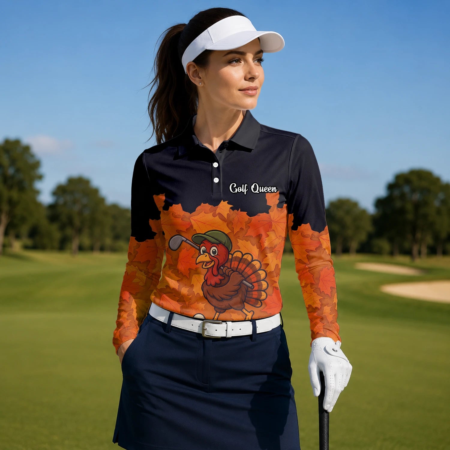 Personalisiertes Golf Poloshirt Schwarz Orange Thanksgiving Truthahn Golfer Design für Damen W0964