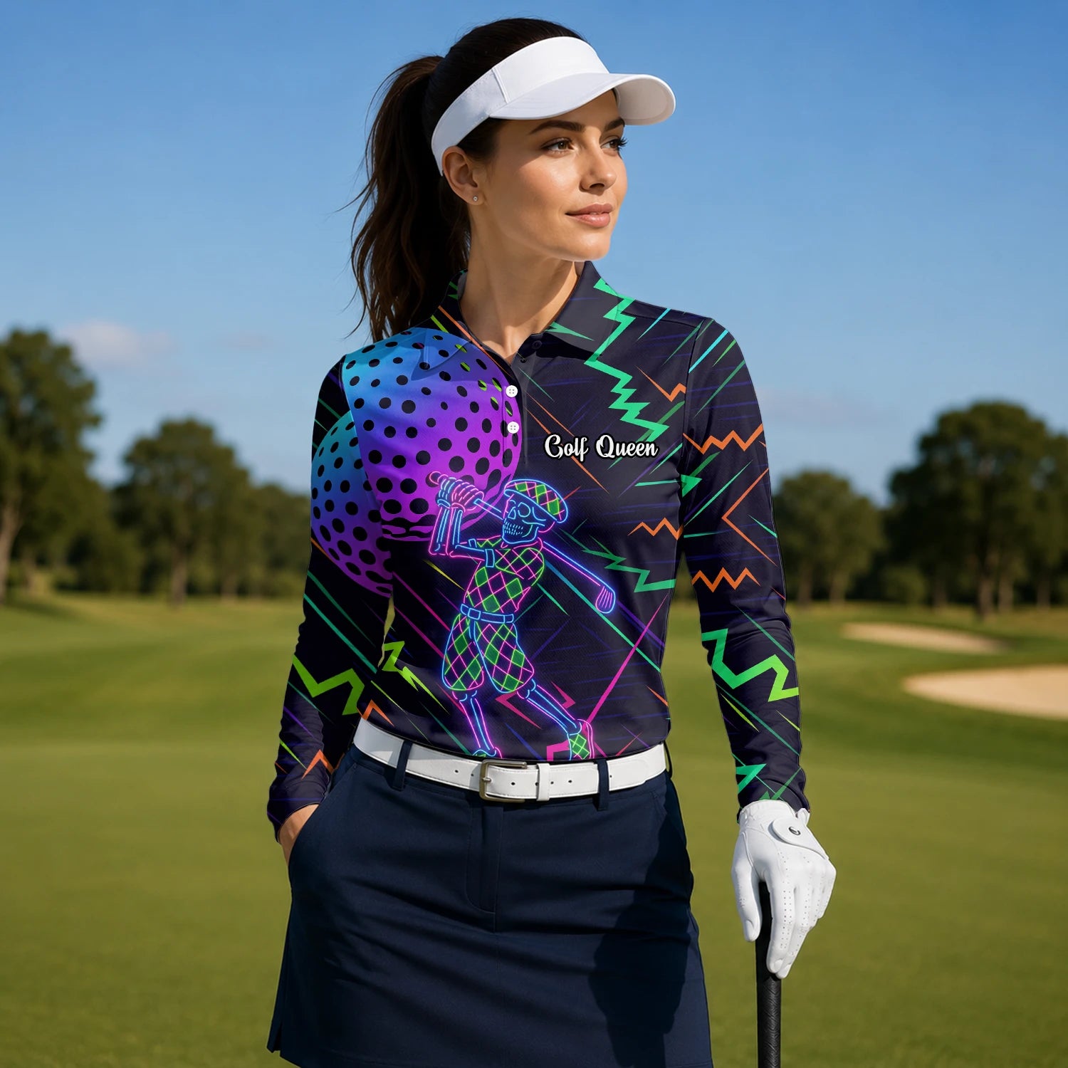 Personalisiertes Golf Poloshirt Schwarz Neon Golfer Wireframe Design für Damen L1481