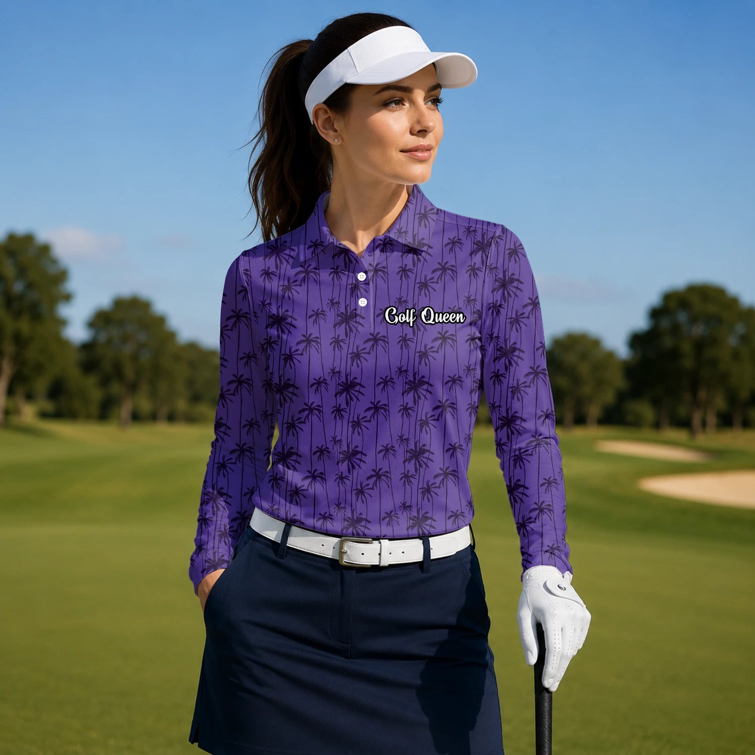 Personalisiertes Golf Poloshirt Lila Palmen Silhouetten Design für Damen P3247