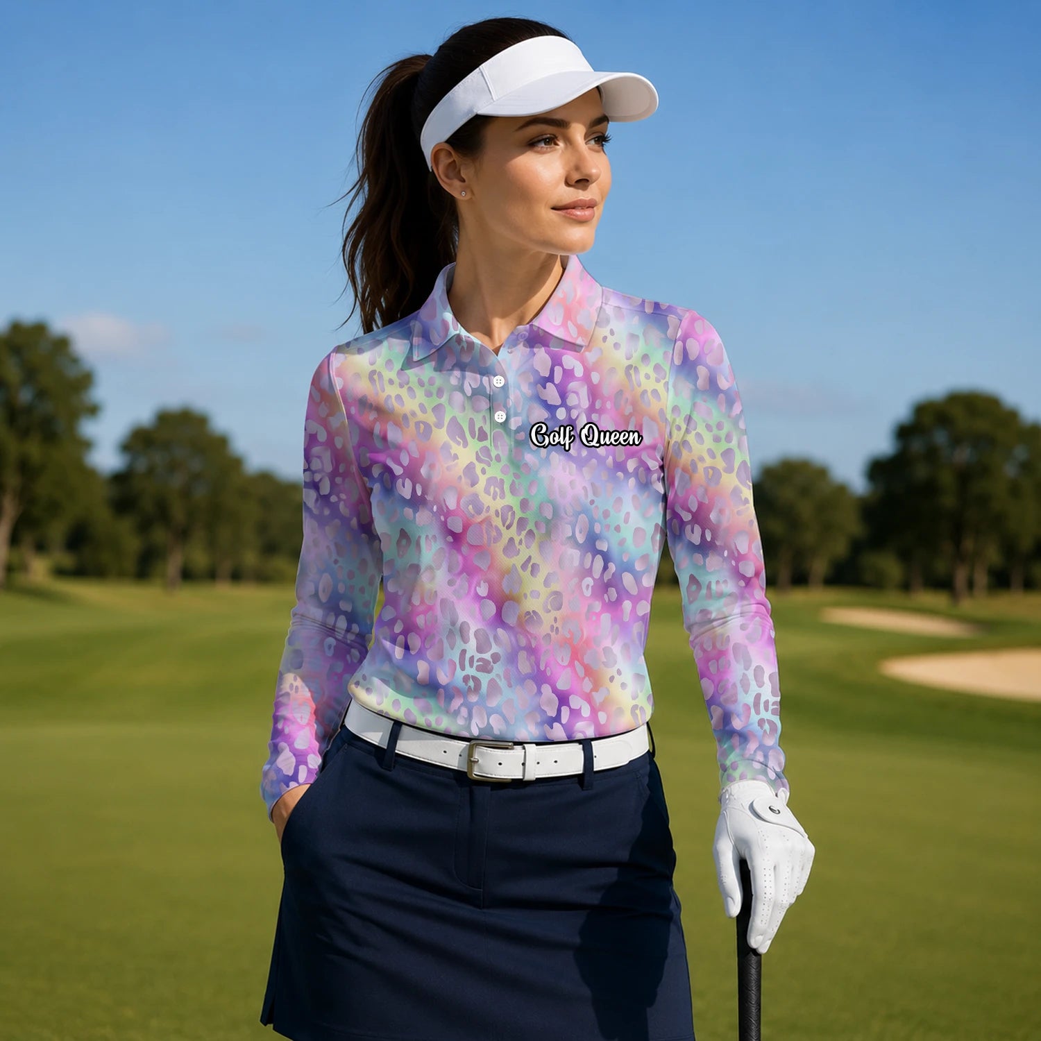 Personalisiertes Golf Poloshirt Pastell Regenbogen Leo Print Design für Damen E5373