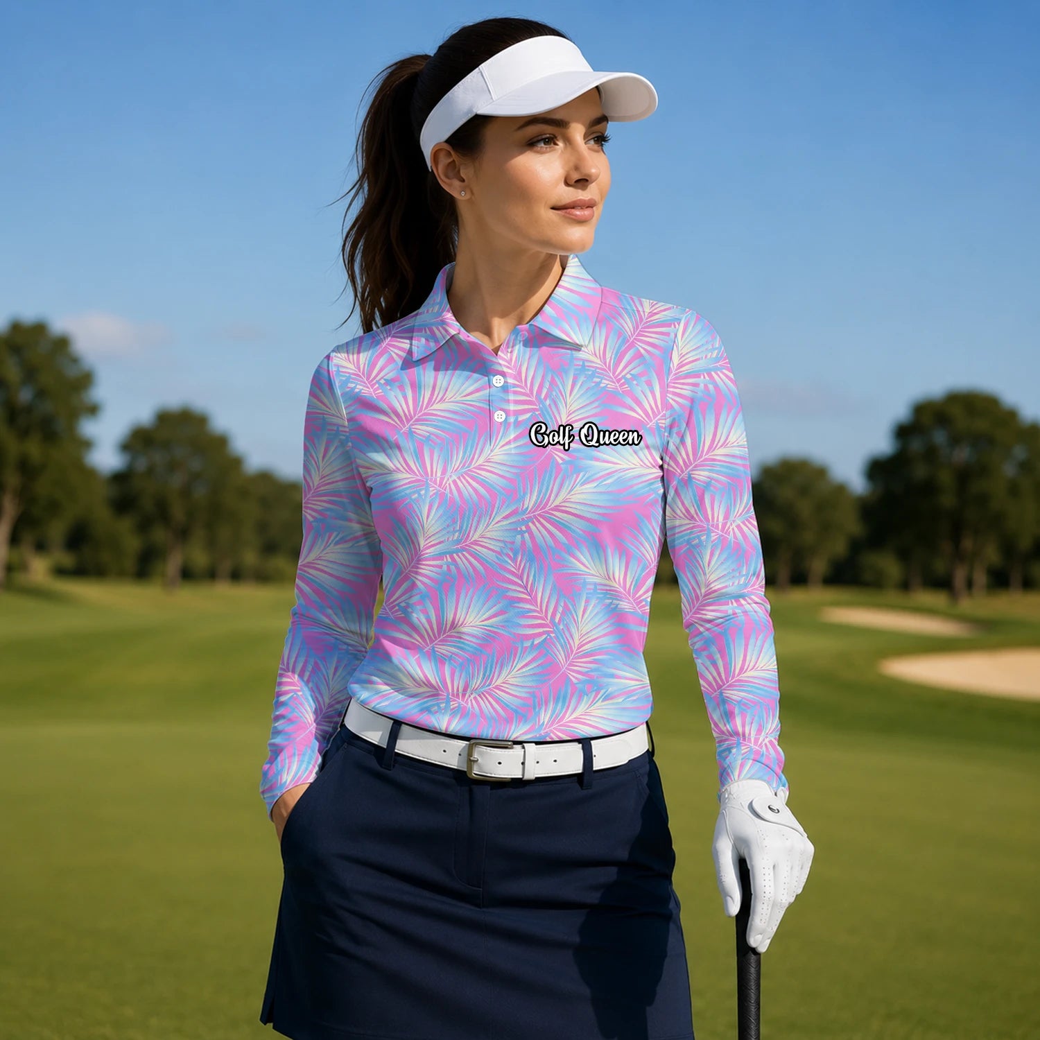 Personalisiertes Golf Poloshirt Rosa Blaues Palmenblätter Design für Damen F1458