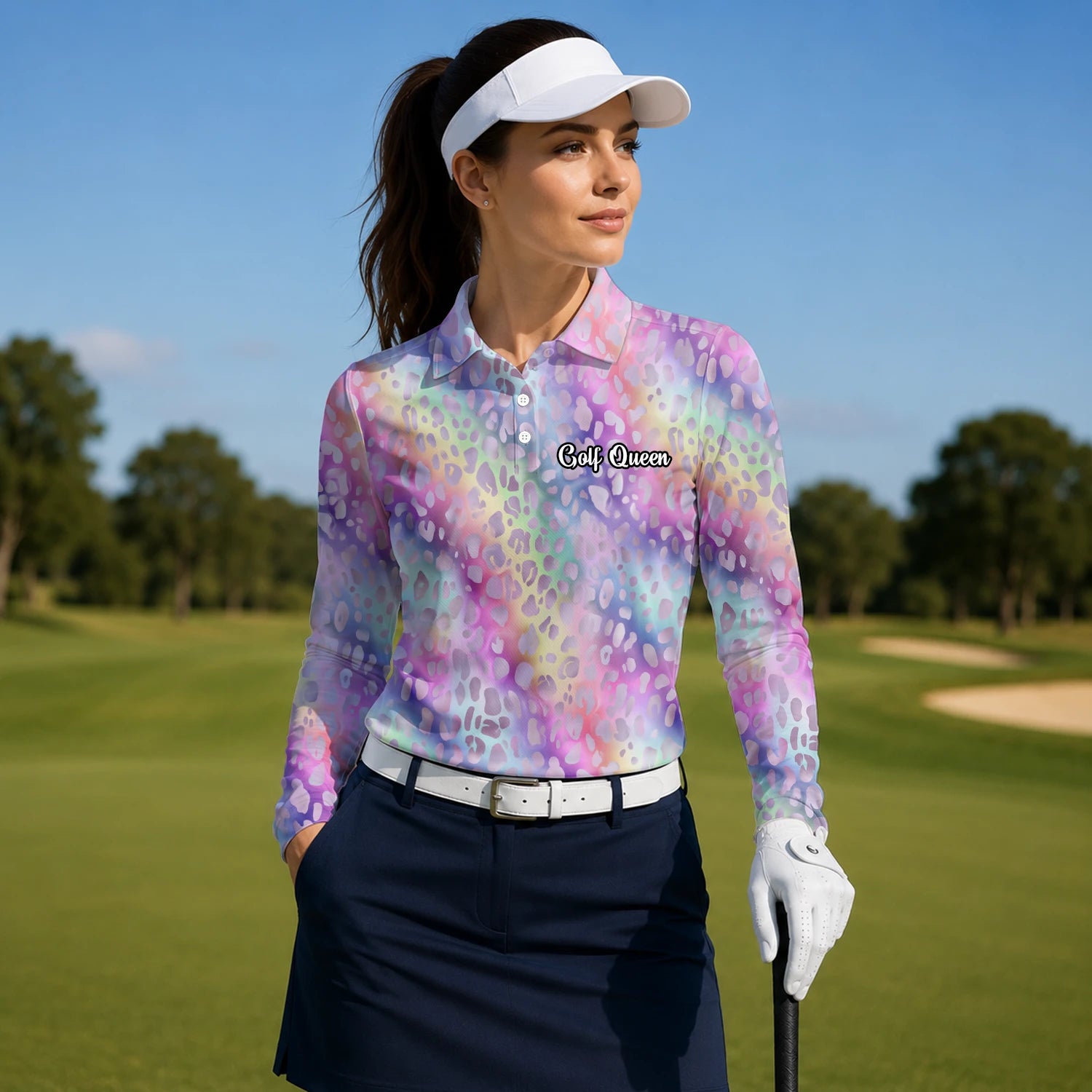 Personalisiertes Golf Poloshirt Pastell Regenbogen Leo Print Design für Damen E5373