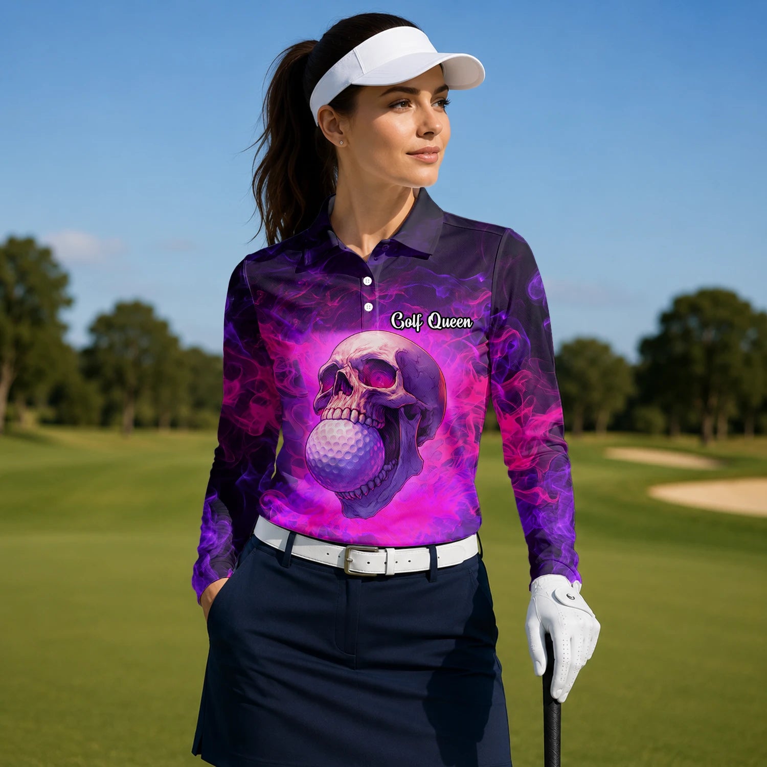 Personalisiertes Golf Poloshirt Lila Rosa Totenkopf Golfball Smoke Design für Damen L7637
