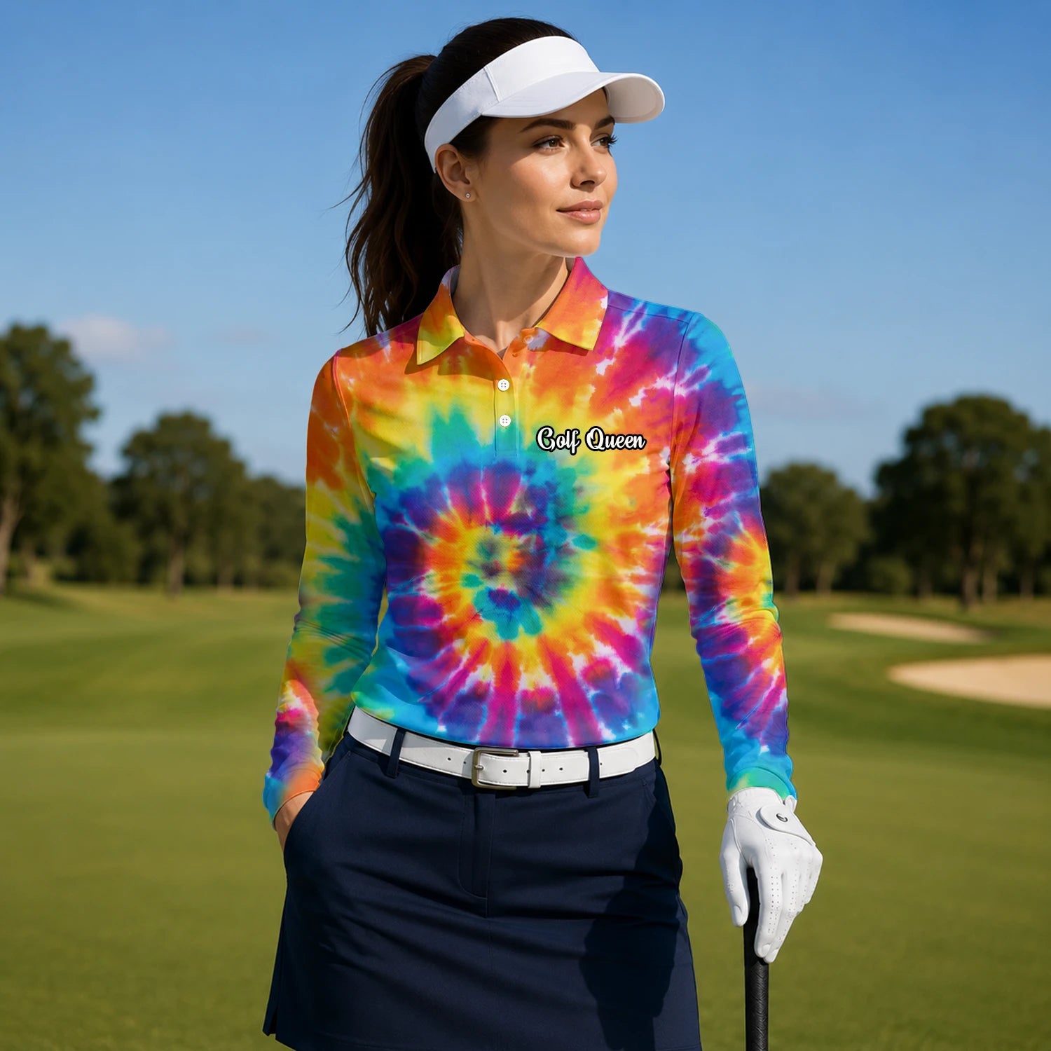 Personalisiertes Golf Poloshirt mit Regenbogen-Batik-Spirale für Damen S4610