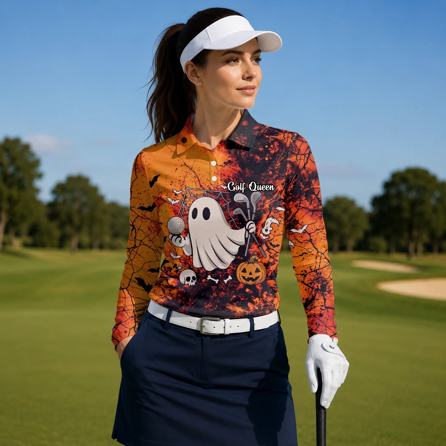 Personalisiertes Golf Poloshirt Orange Halloween Gespenst Golfer Design für Damen M0695