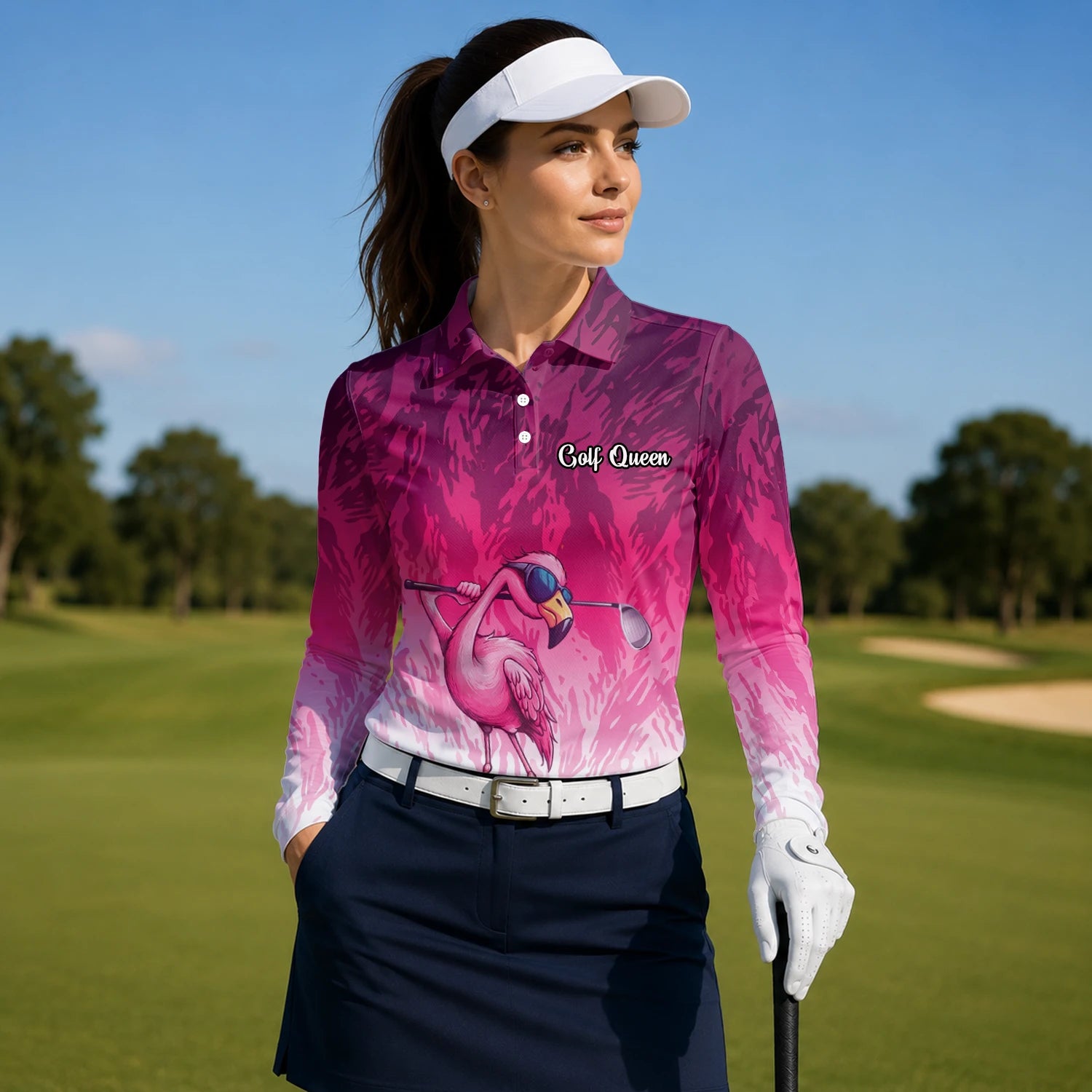 Personalisiertes Golf Poloshirt in Rosa mit Flamingo-Golfer und Farbklecks für Damen R4990