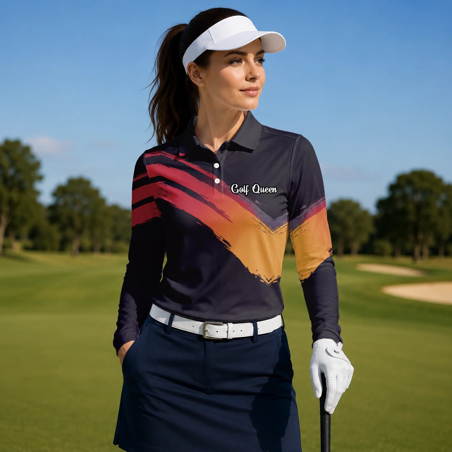 Personalisiertes Golf Poloshirt in Schwarz-Rot-Orange mit Pinselstrich-Design für Damen M6093
