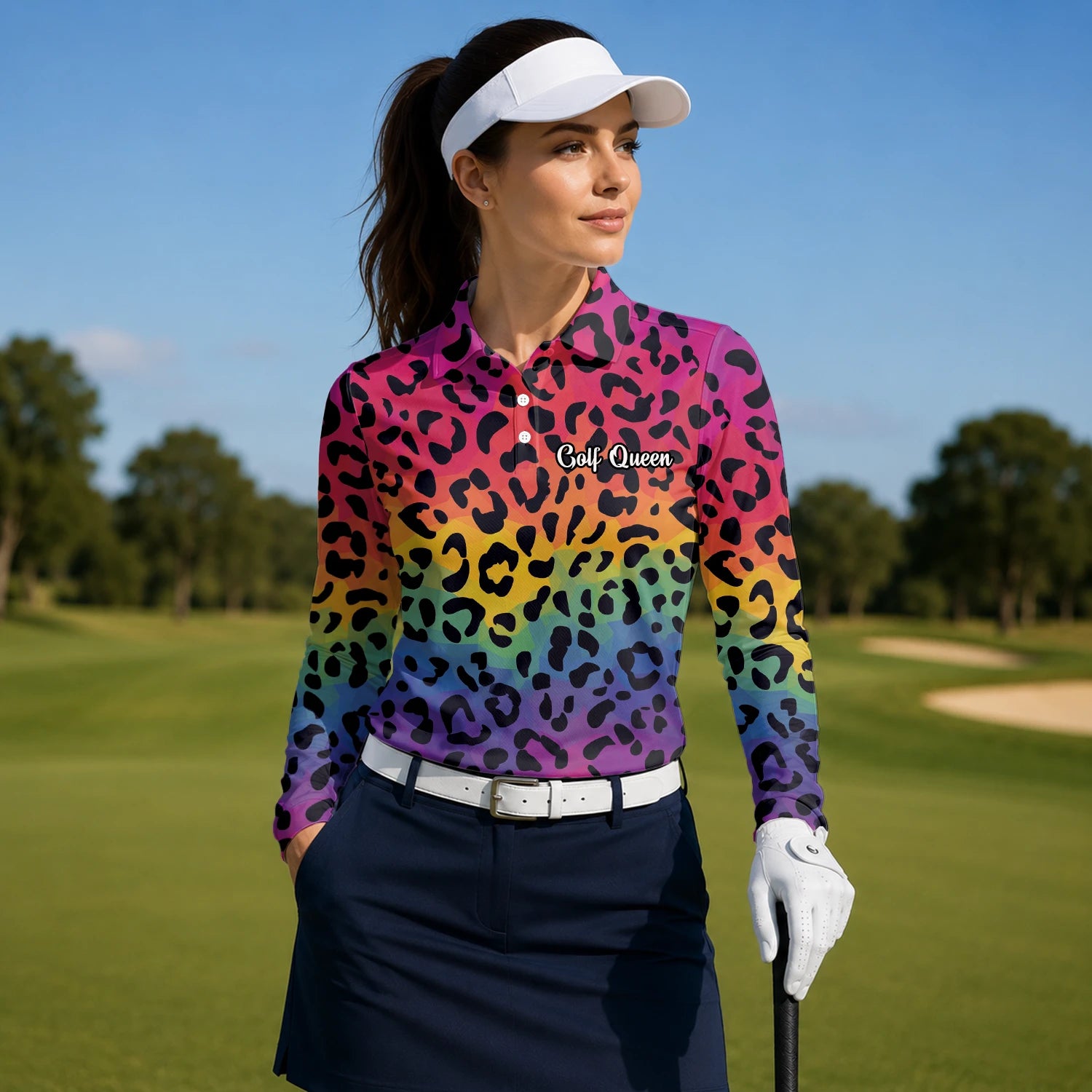 Personalisiertes Golf Poloshirt Regenbogen Leo Print Design für Damen X1632