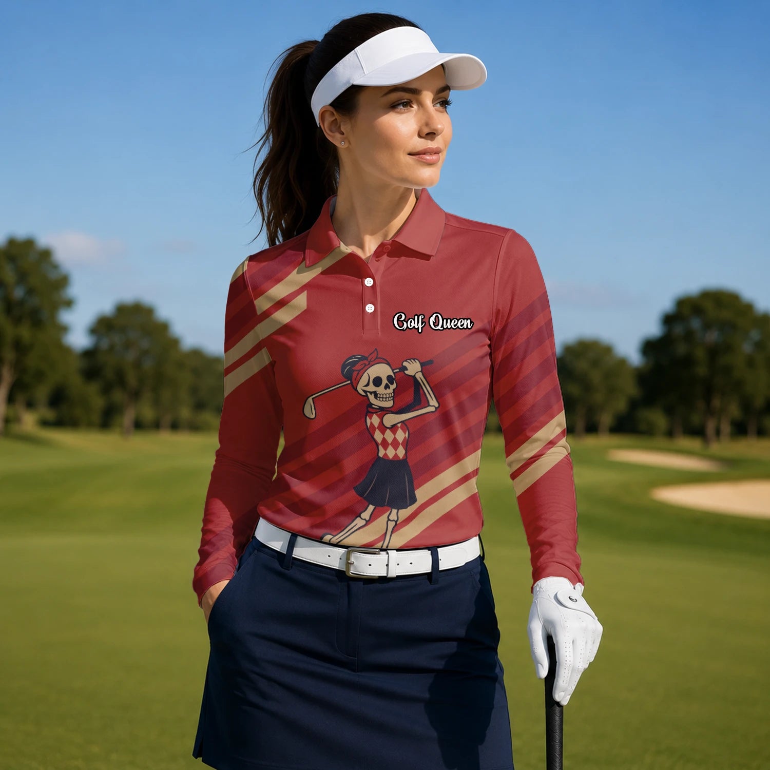 Personalisiertes Golf Poloshirt Rotes Skelett Golfer Cartoon Design für Damen Y0970