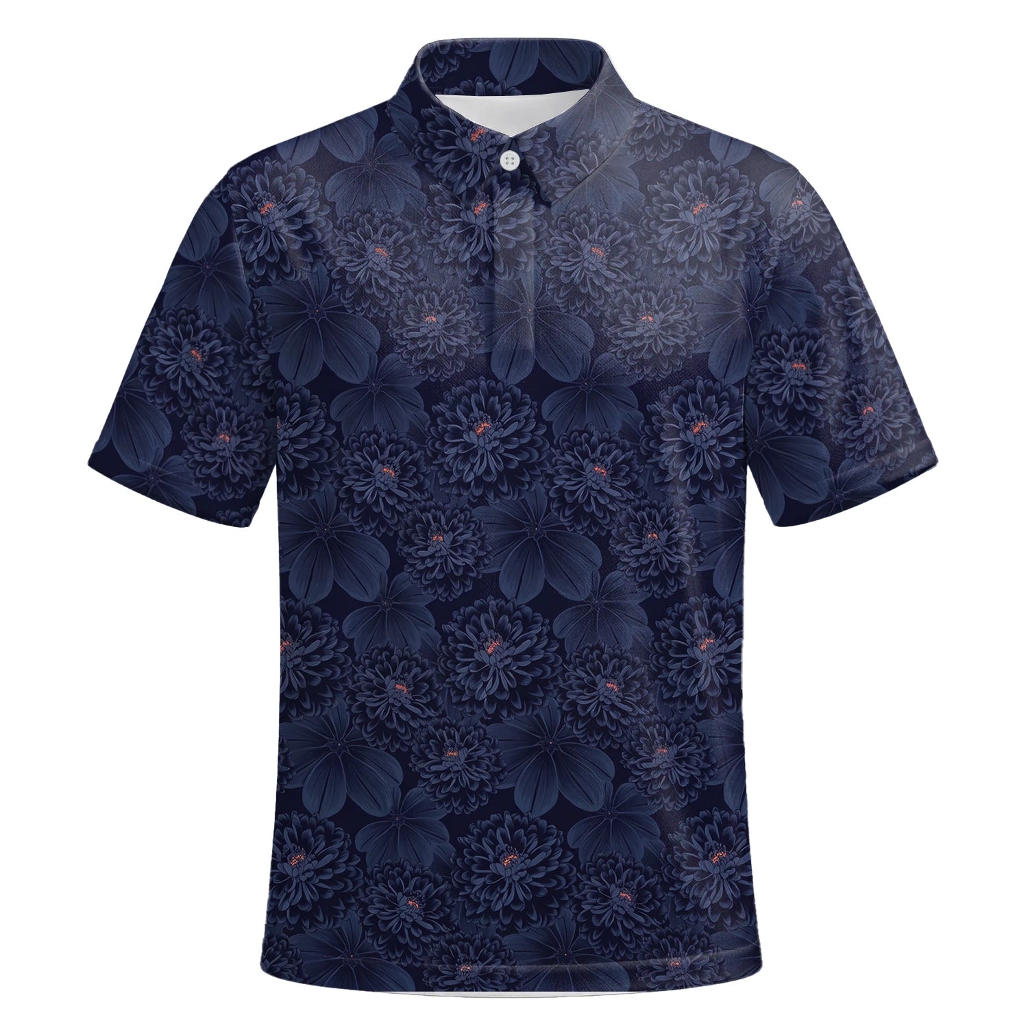 Personalisiertes Golf Poloshirt Dunkelblaues Chrysanthemen Blumen Design für Herren A0086 | Kurzarm Premium | 6.webp