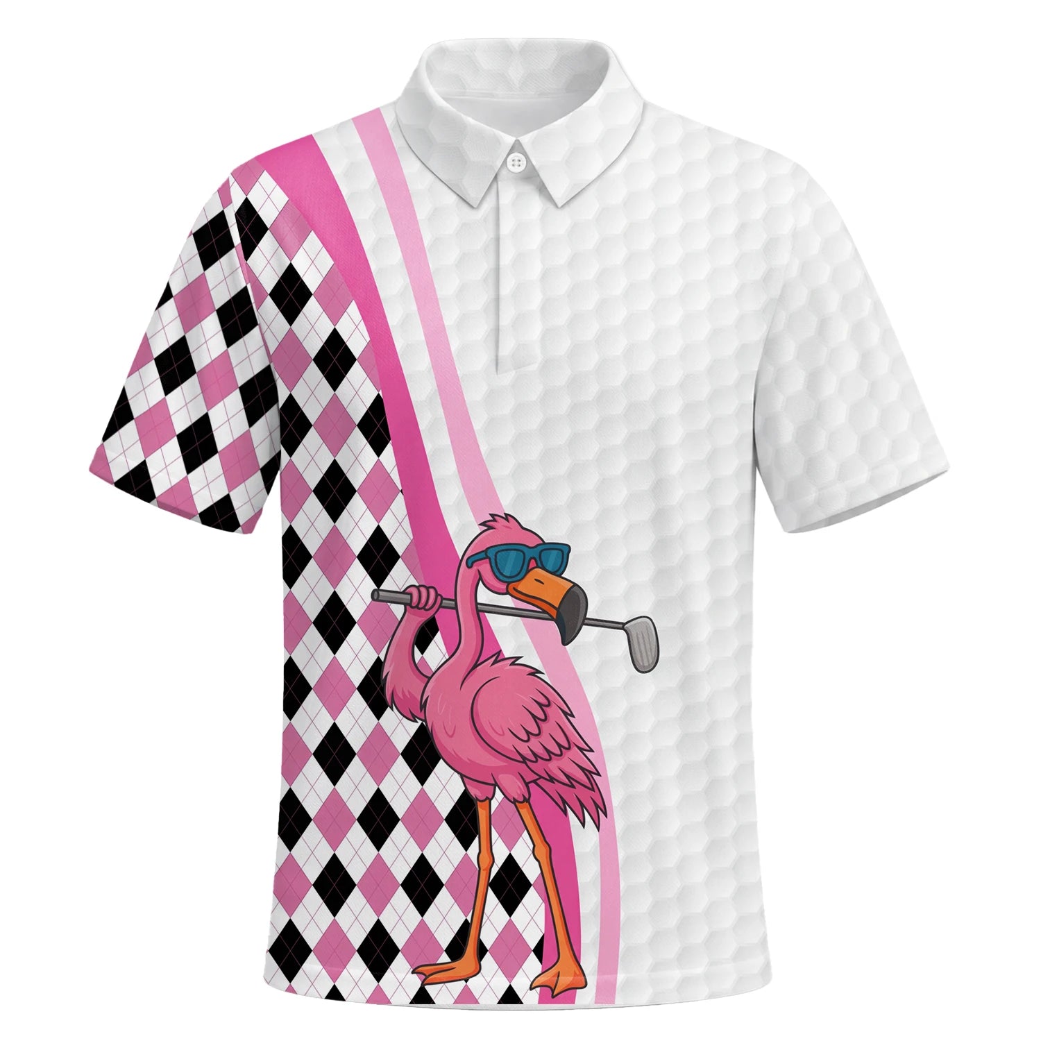 Personalisiertes Golf Poloshirt in Weiß-Rosa mit Flamingo-Golfer und Rautenmuster für Herren G3697 | Kurzarm Premium | 6.webp