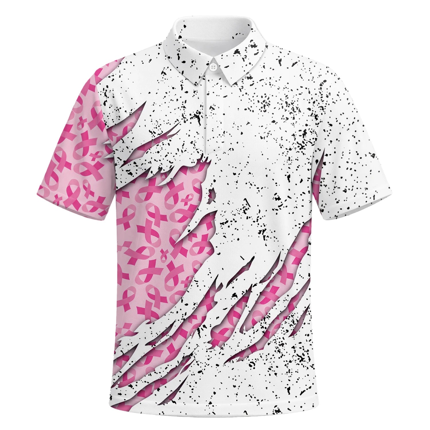 Personalisiertes Golf Poloshirt Weiß Rosa Brustkrebs Schleifen Zerrissenes Design für Herren B7190 | Kurzarm Premium | 6.webp