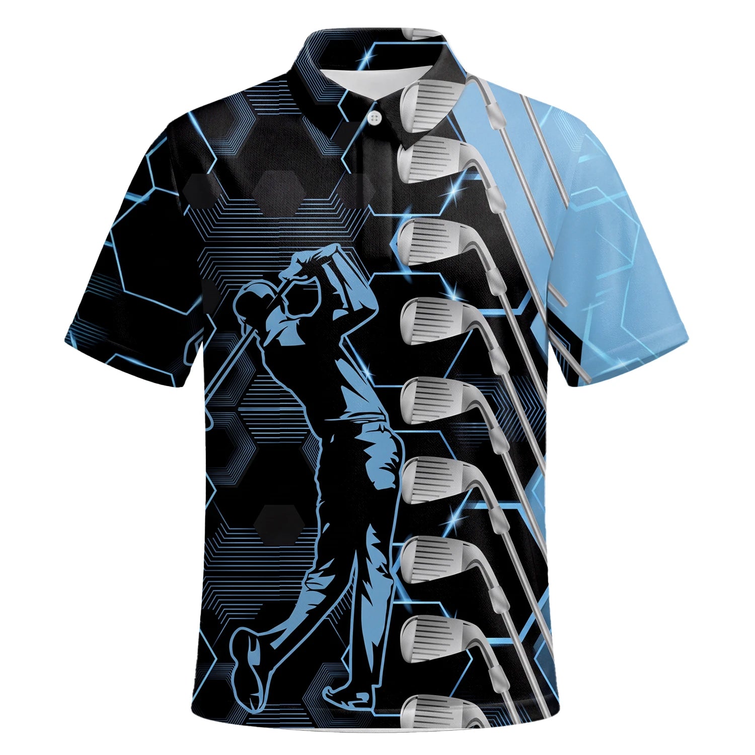 Personalisiertes Golf Poloshirt in Schwarz-Blau mit Golfer- und Golfschläger-Grafik für Herren J5818 | Kurzarm Premium | 6.webp