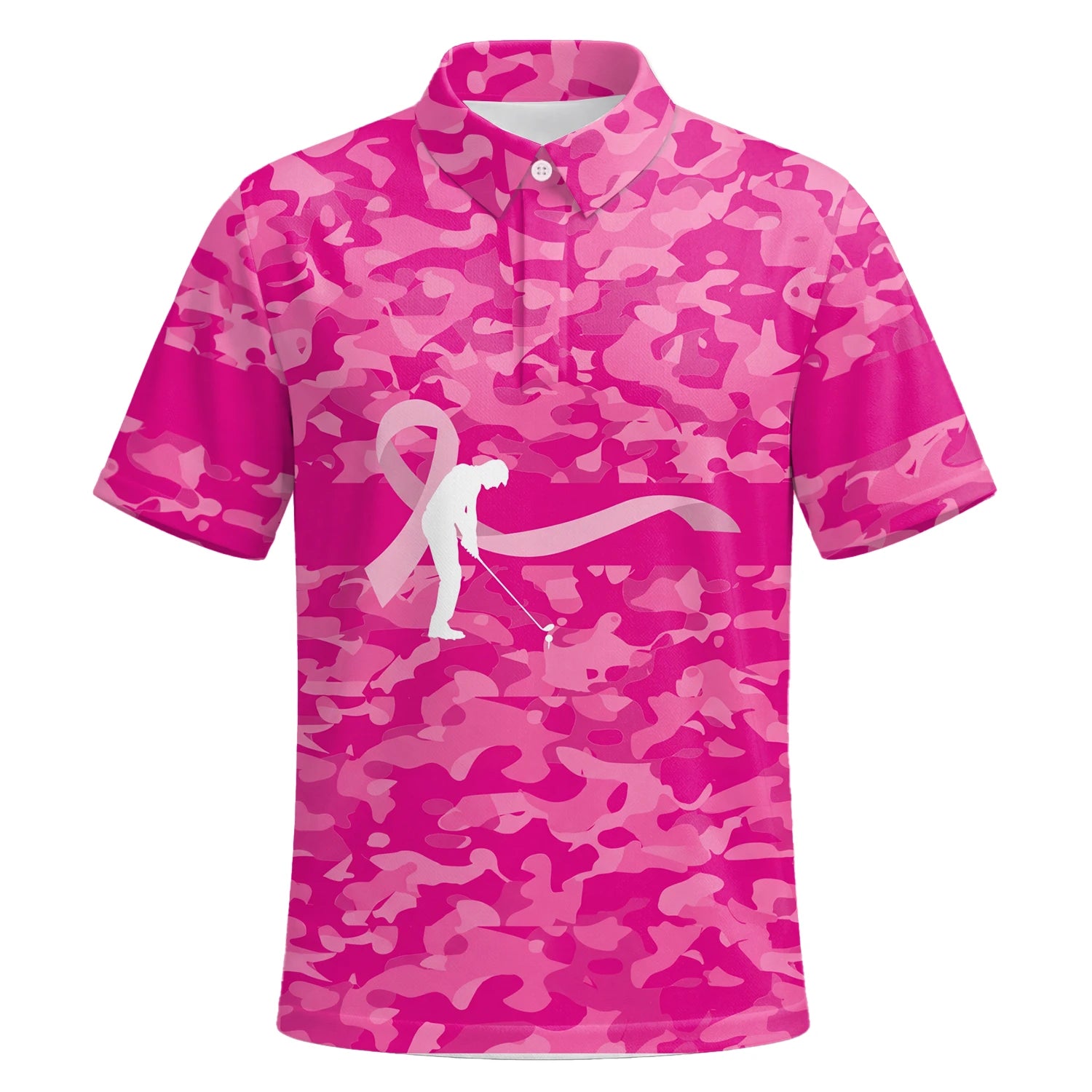 Personalisiertes Golf Poloshirt Rosa Camo Brustkrebs Awareness Schleifen Golfer Design für Herren Z3179 | Kurzarm Premium | 6.webp