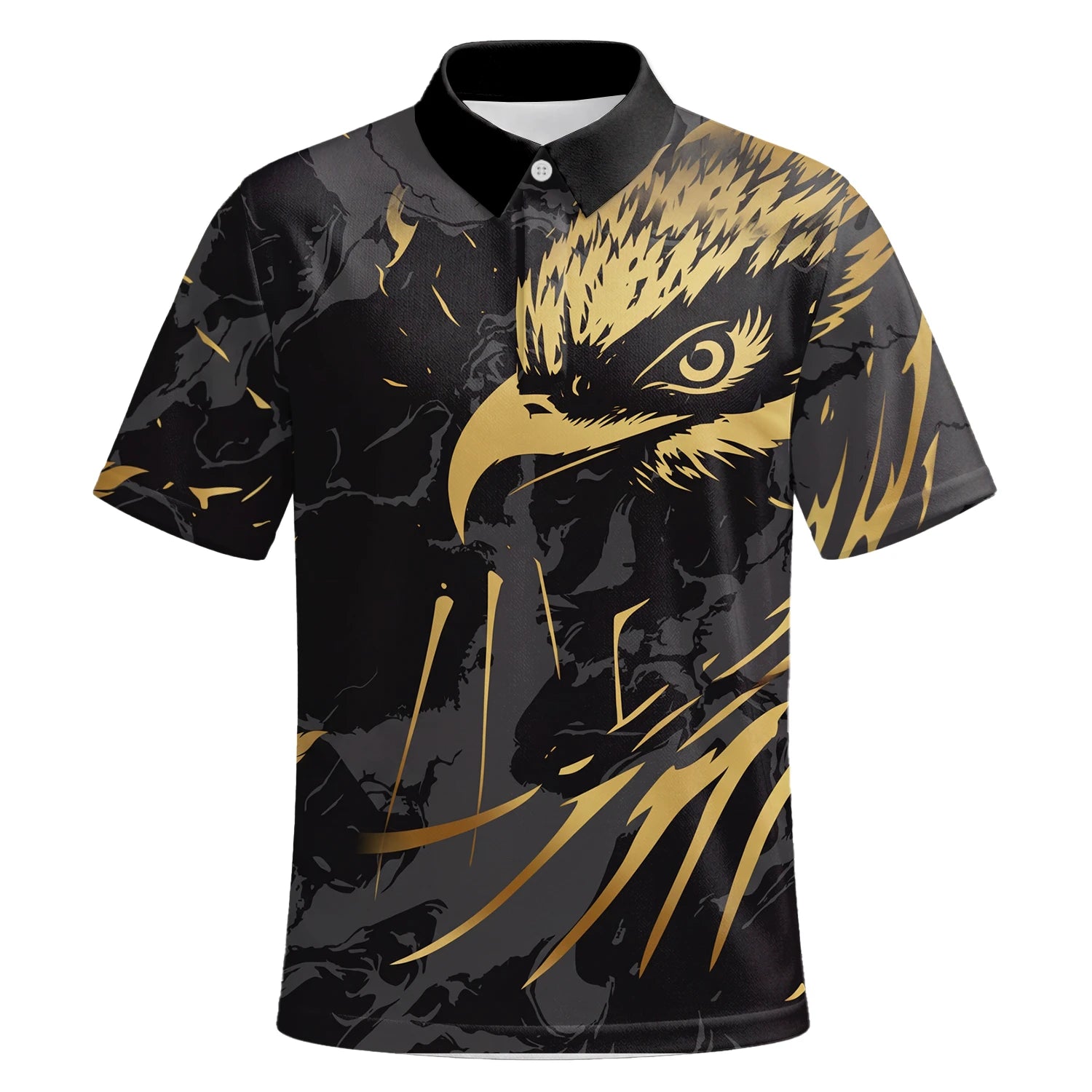 Personalisiertes Golf Poloshirt in Schwarz-Gold mit Adlerfeder-Motiv für Herren F0802 | Kurzarm Premium | 6.webp
