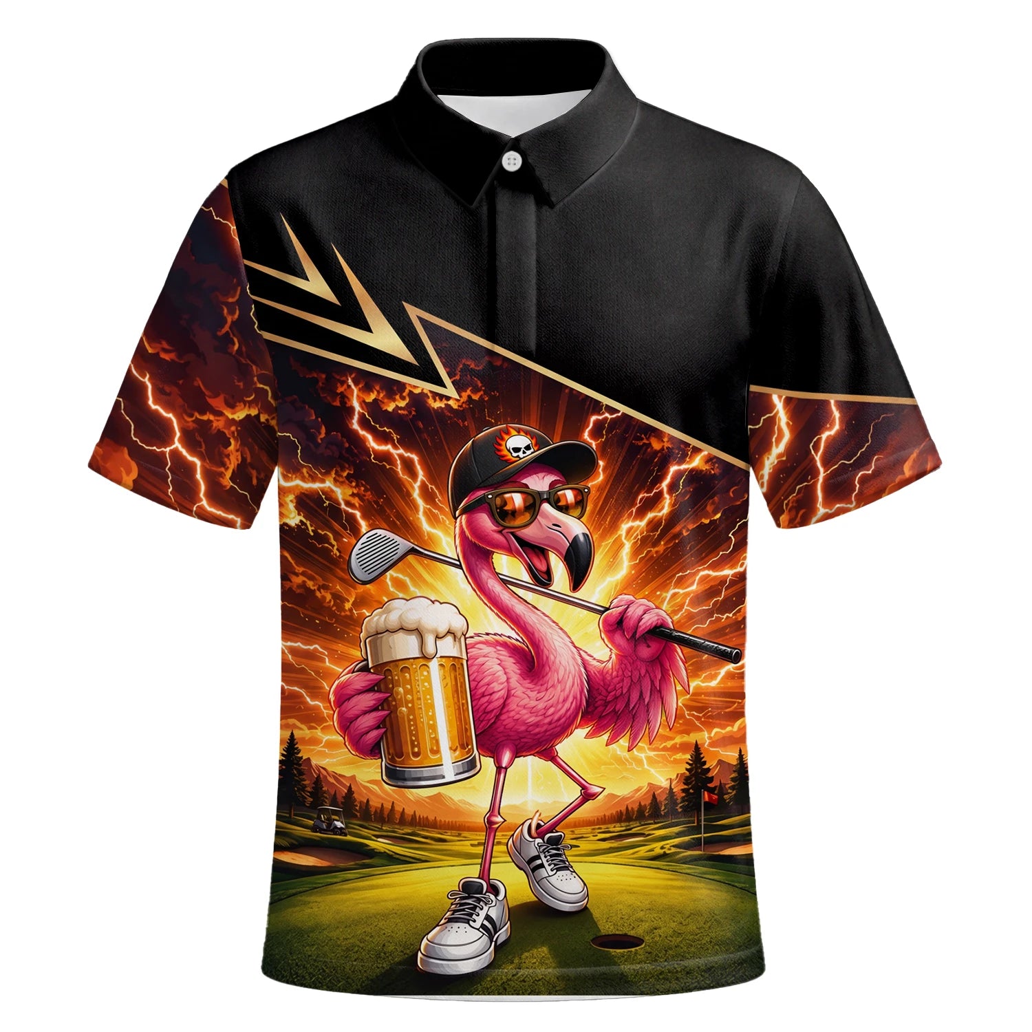 Personalisiertes Golf Poloshirt Schwarz Orange Flamingo Bier Golfer Blitz Design für Herren E3673 | Kurzarm Premium | 6.webp