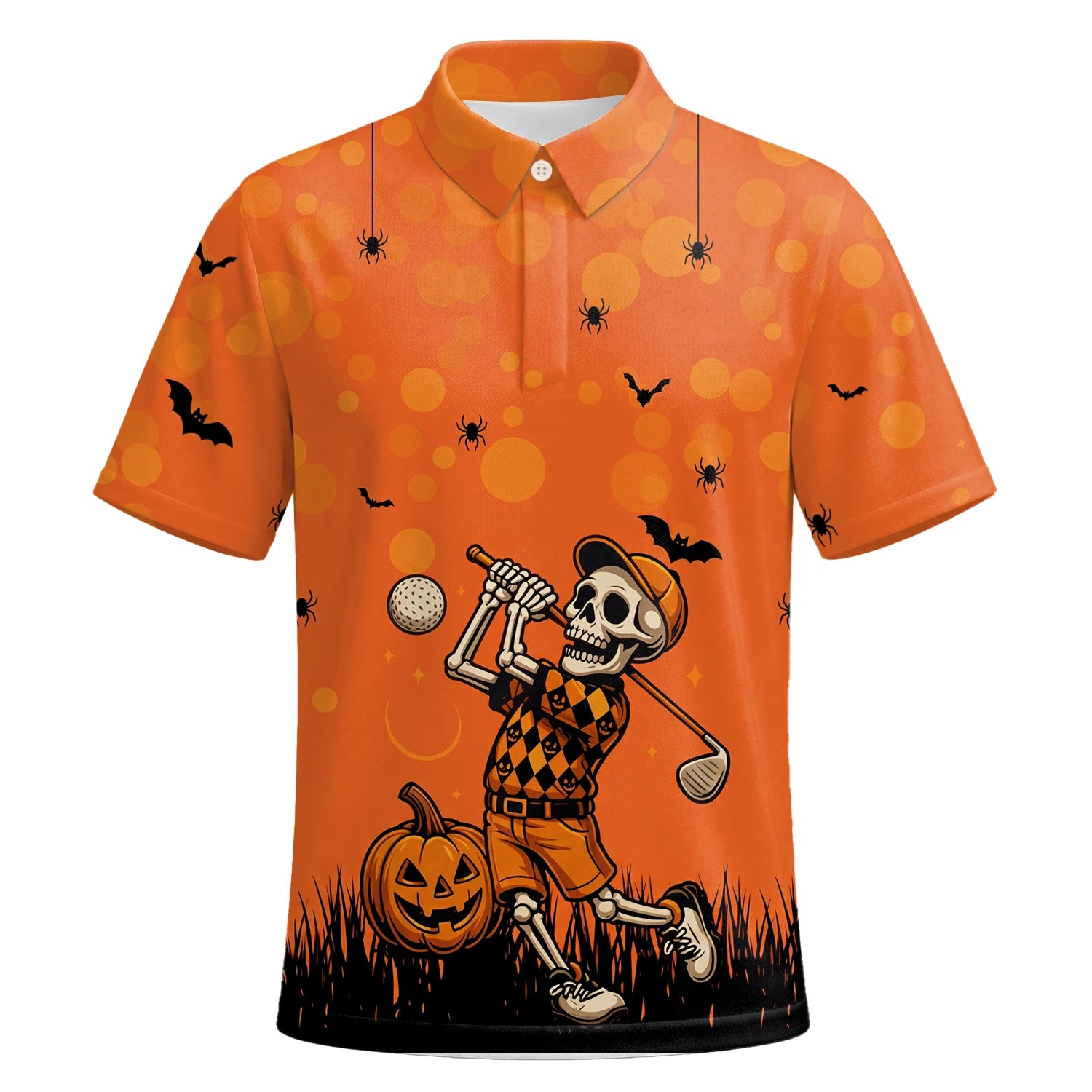 Personalisiertes Golf Poloshirt Orange Halloween Skelett Golfer Design für Herren D3851 | Kurzarm Premium | 6.webp