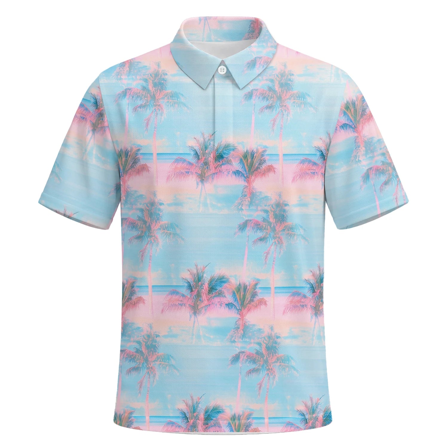 Personalisiertes Golf Poloshirt Pastellblau Rosa Palmen Sonnenuntergang Design für Herren G4431 | Kurzarm Premium | 6.webp