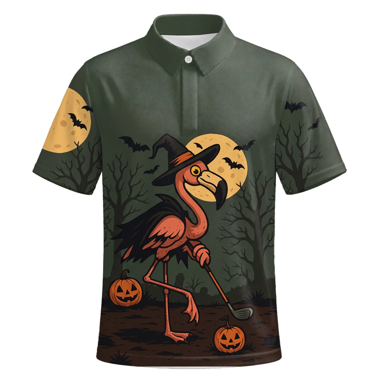 Personalisiertes Golf Poloshirt Olivgrünes Halloween Flamingo Hexe Golfer Kürbis Design für Herren X5811 | Kurzarm Premium | 6.webp