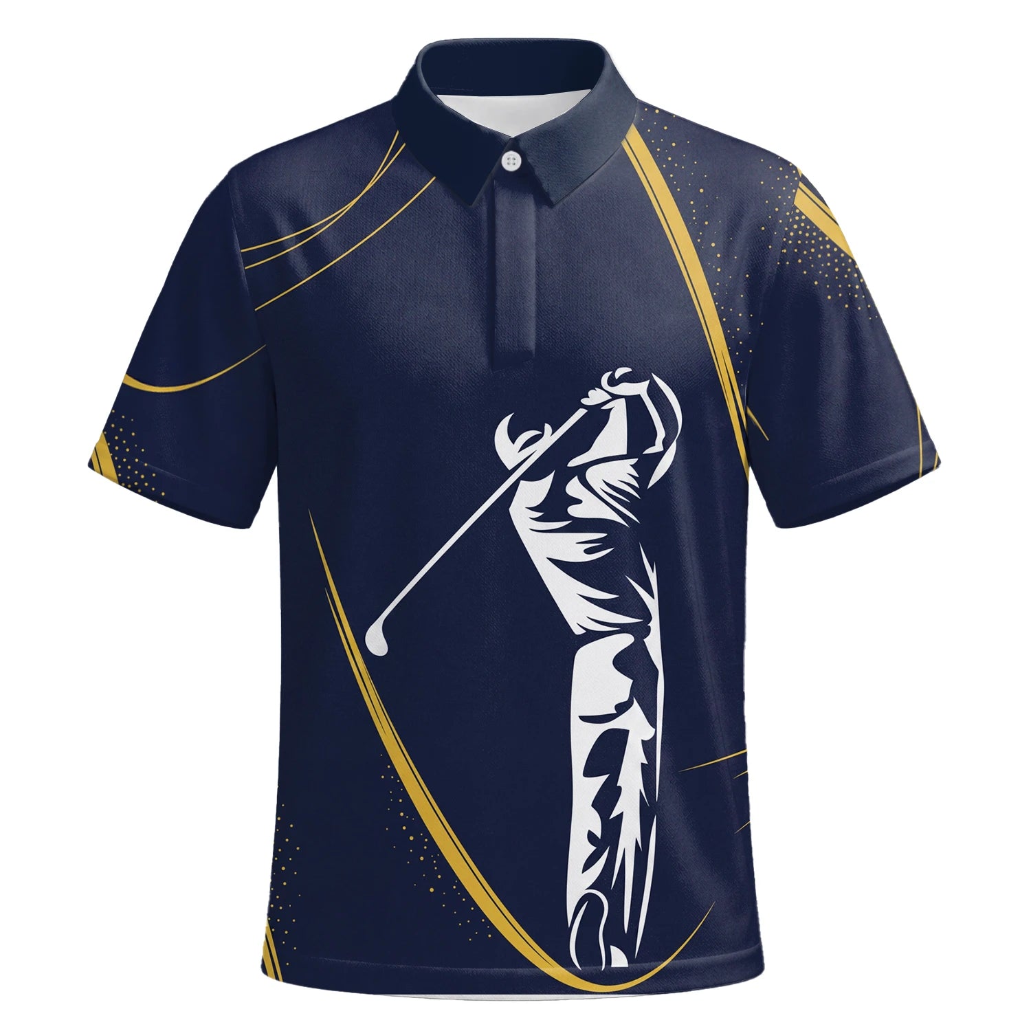 Personalisiertes Golf Poloshirt Marineblau Goldenes Golfer Schwung Silhouetten Design für Herren A1639 | Kurzarm Premium | 6.webp