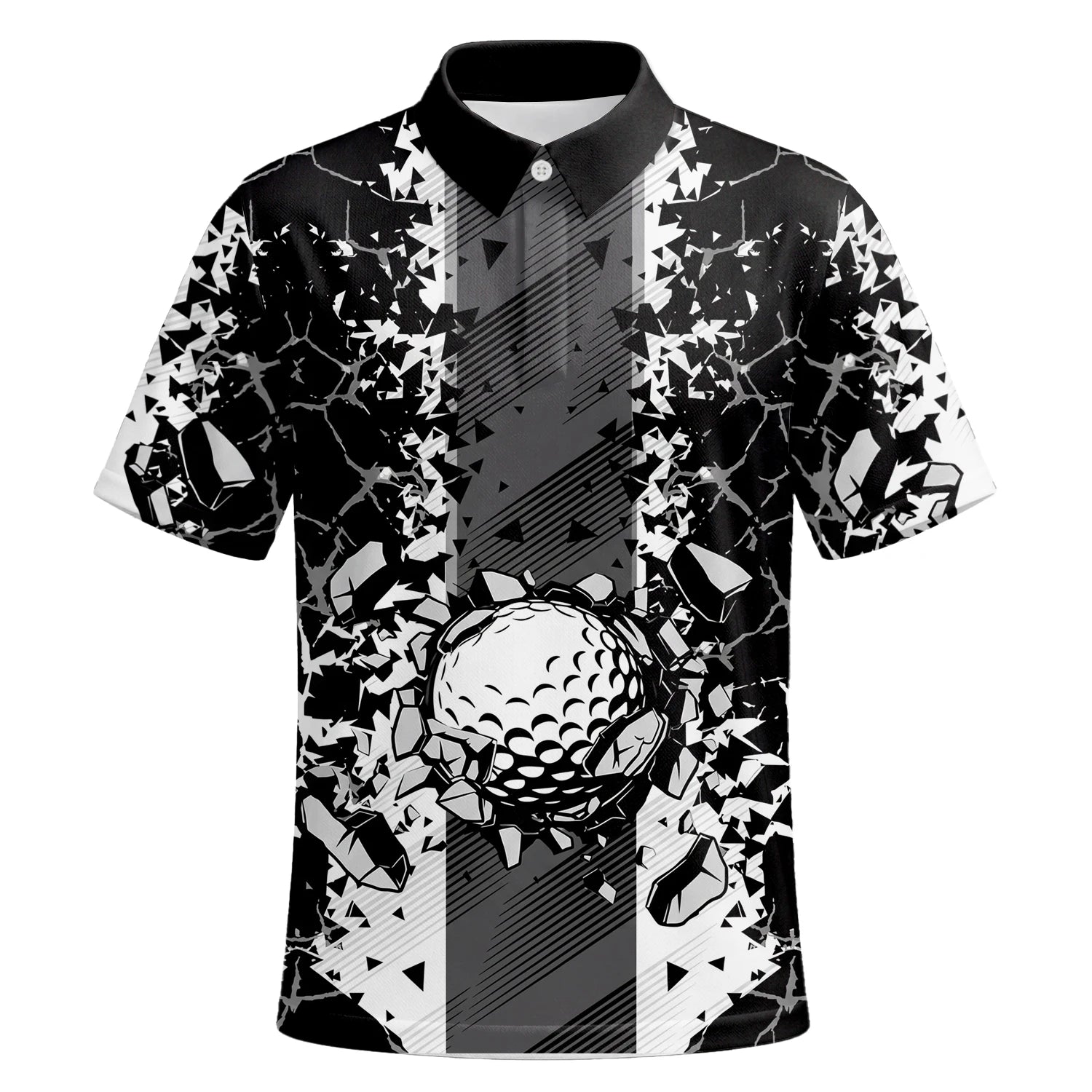 Personalisiertes Golf Poloshirt Schwarz Weißes Golfball Glassplitter Design für Herren F6407 | Kurzarm Premium | 6.webp