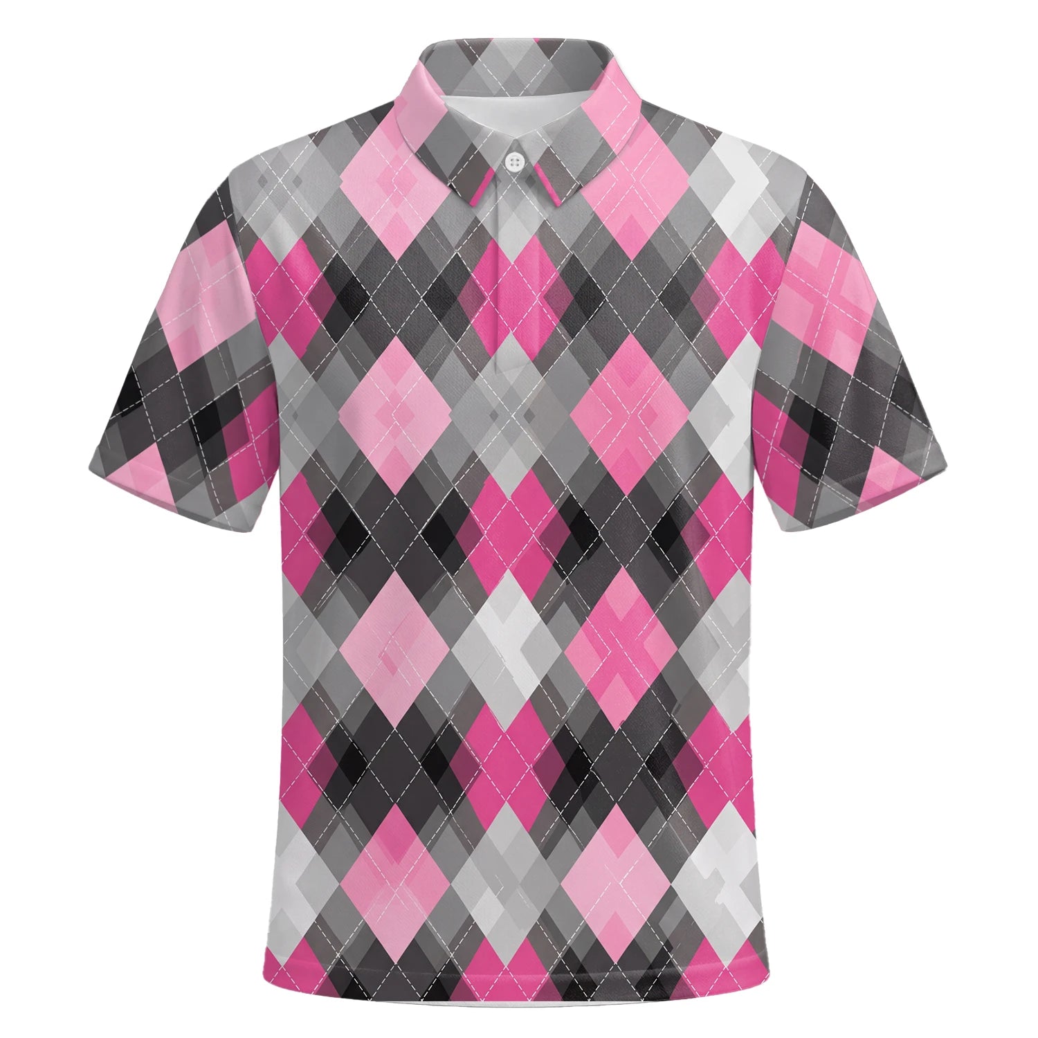 Personalisiertes Golf Poloshirt Rosa Graues Rauten Muster für Herren Z9376 | Kurzarm Premium | 6.webp