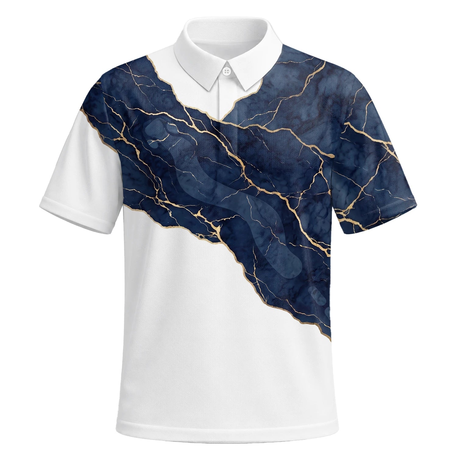 Personalisiertes Golf Poloshirt Weiß Marineblaues Marmor Goldadern Design für Herren B4939 | Kurzarm Premium | 6.webp