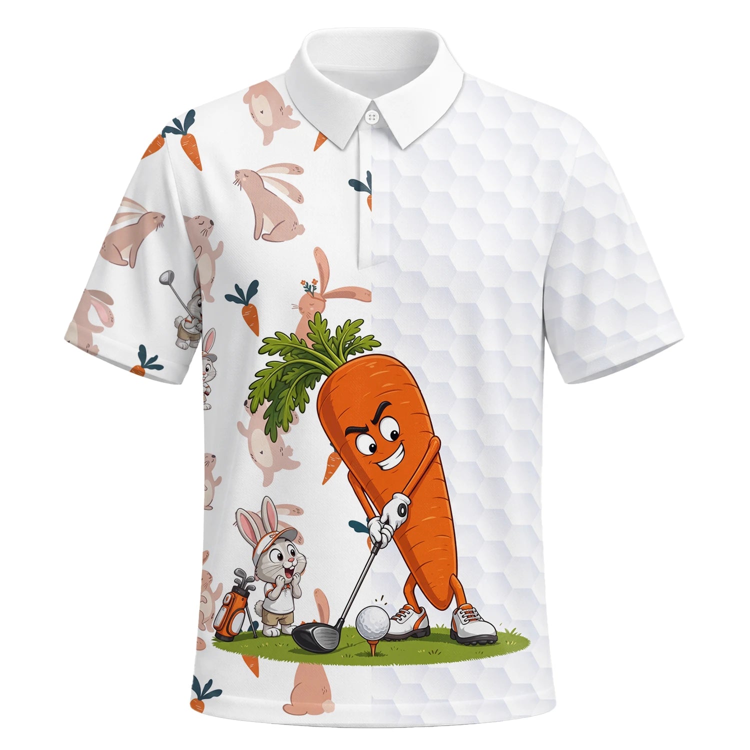 Personalisiertes Golf Poloshirt Weiß Karotten Hase Golfer Cartoon Design für Herren Y6359 | Kurzarm Premium | 6.webp