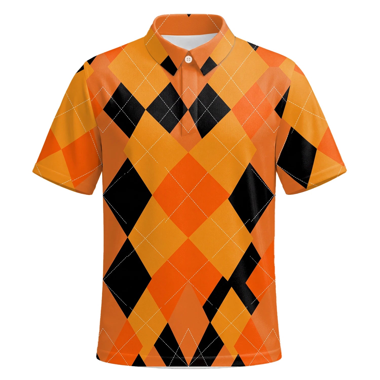 Personalisiertes Golf Poloshirt Orange Schwarzes Rauten Muster für Herren C4203 | Kurzarm Premium | 6.webp