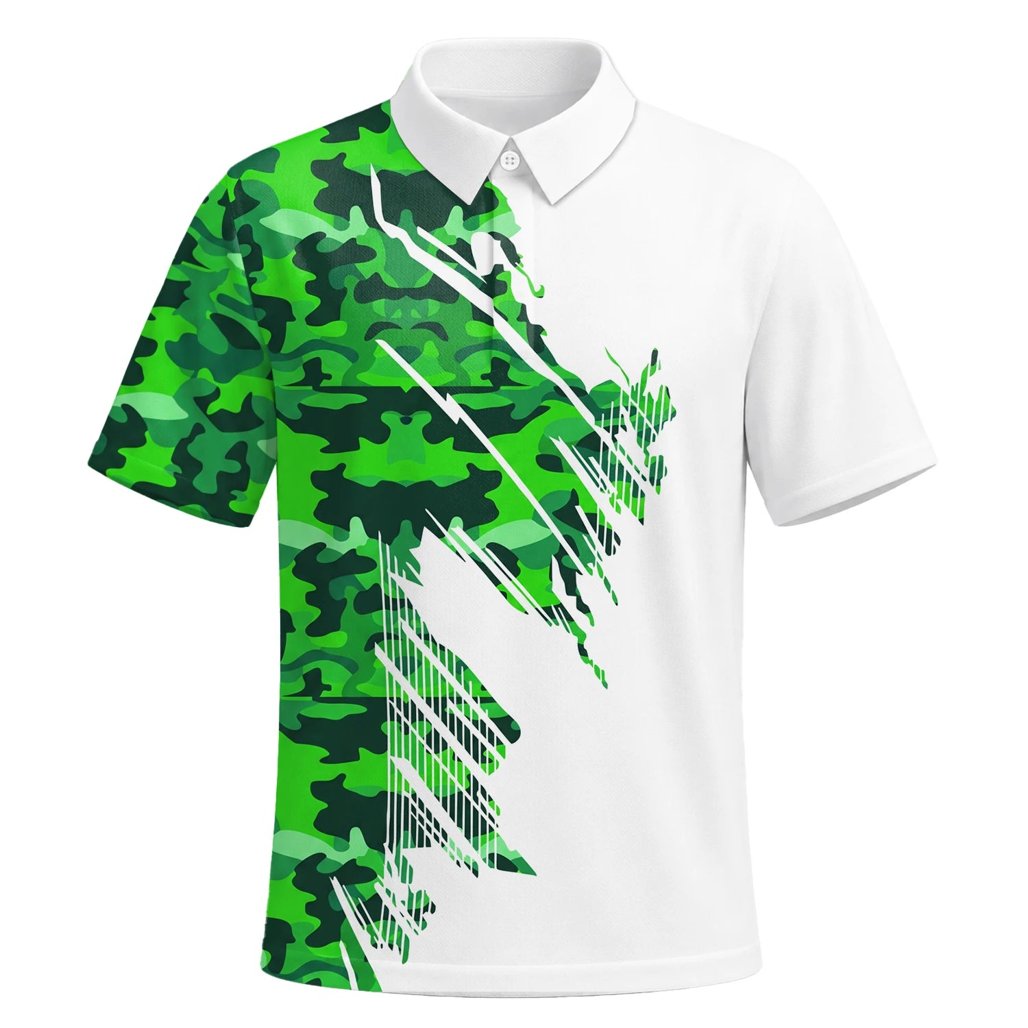 Personalisiertes Golf Poloshirt Weiß Grünes Camo Pinselstreifen Design für Herren E9788 | Kurzarm Premium | 6.webp