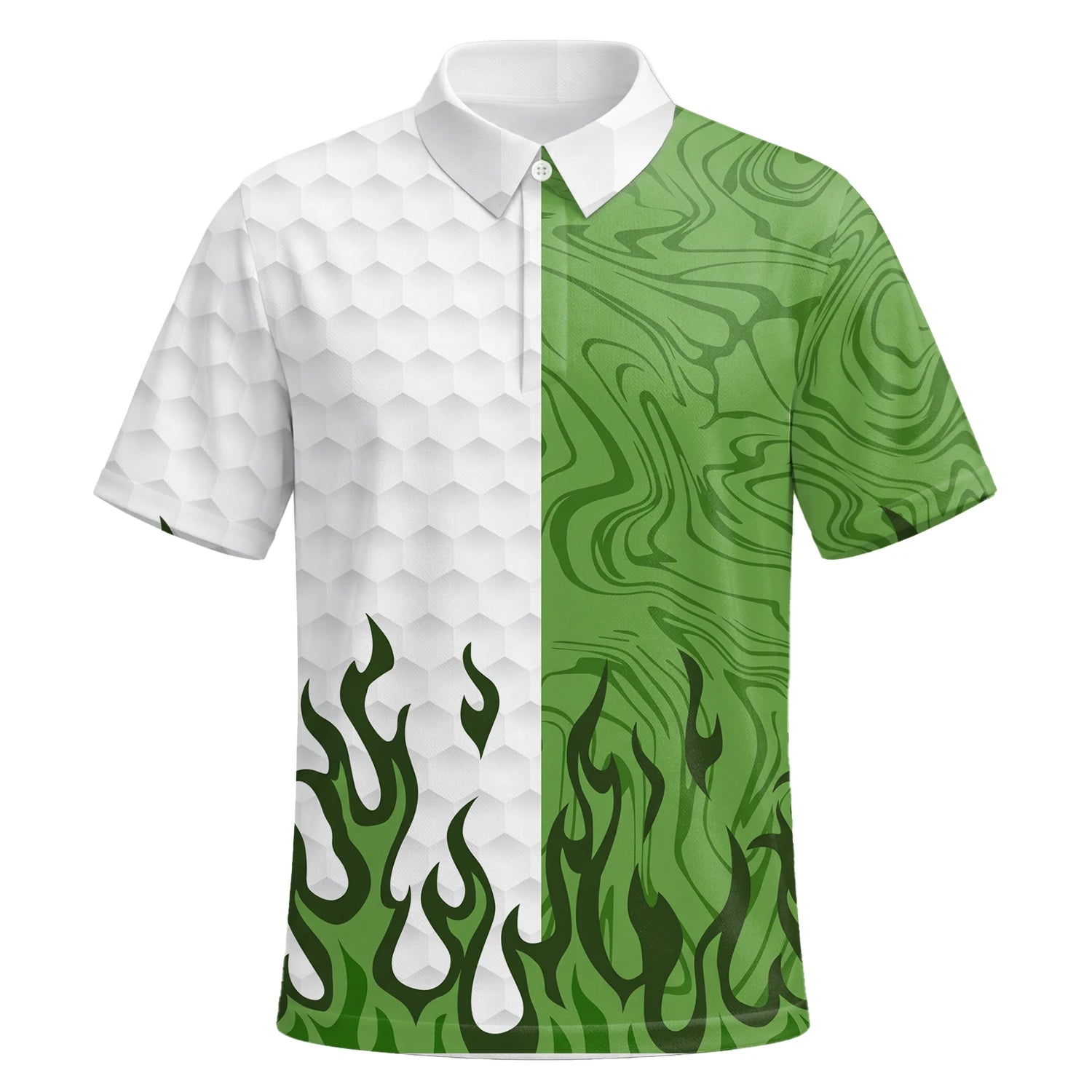 Personalisiertes Golf Poloshirt Weiß Grünes Flammen Marmor Design für Herren D2353 | Kurzarm Premium | 6.webp
