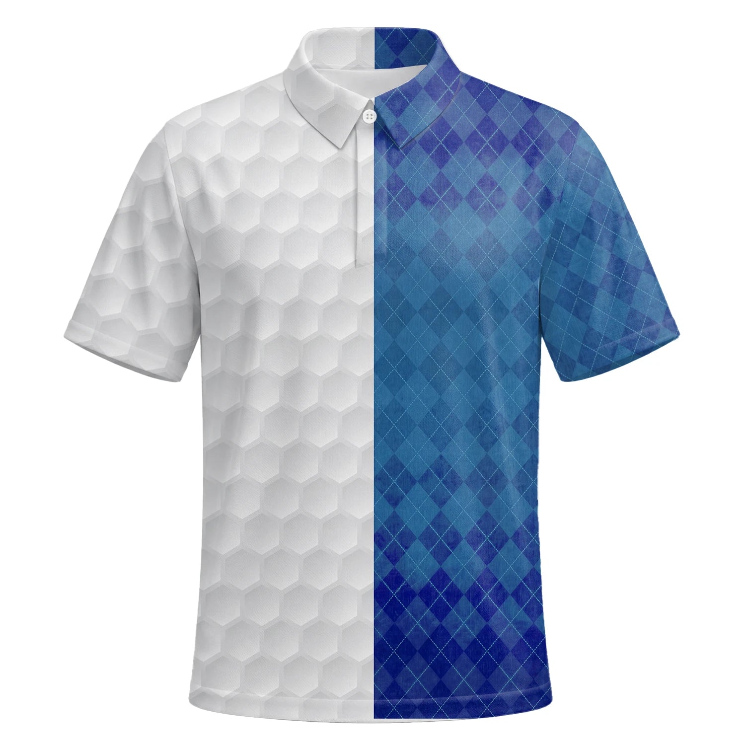 Personalisiertes Golf Poloshirt in Weiß-Blau mit Rautenmuster und Golfball-Textur für Herren X5072 | Kurzarm Premium | 6.webp