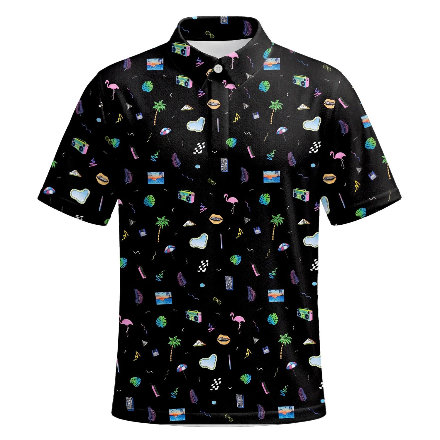 Personalisiertes Golf Poloshirt Schwarzes Urlaub Reise Doodle Design für Herren V7883 | Kurzarm Premium | 6.webp