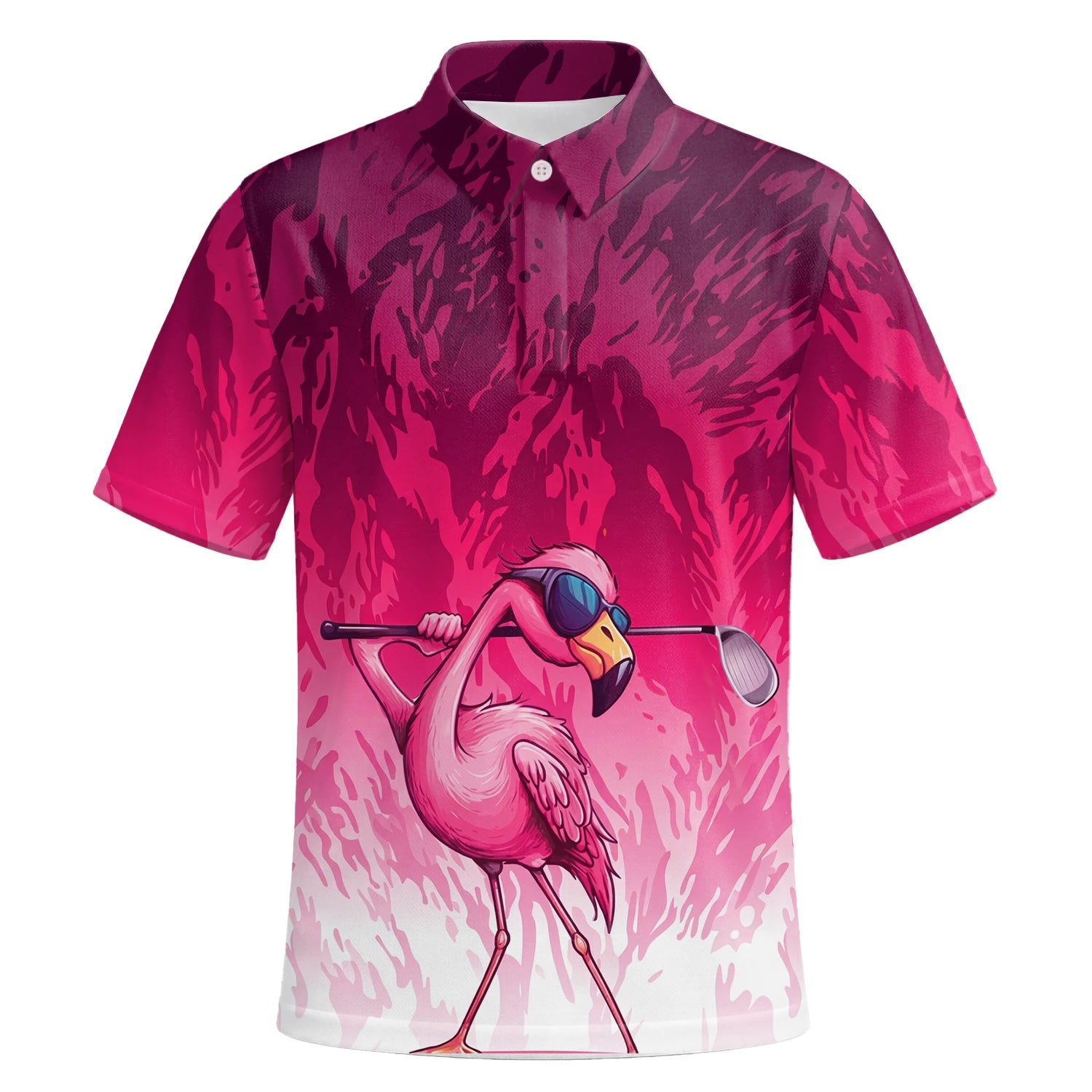 Personalisiertes Golf Poloshirt in Rosa mit Flamingo-Golfer und Farbklecks für Herren R4990 | Kurzarm Premium | 6.webp