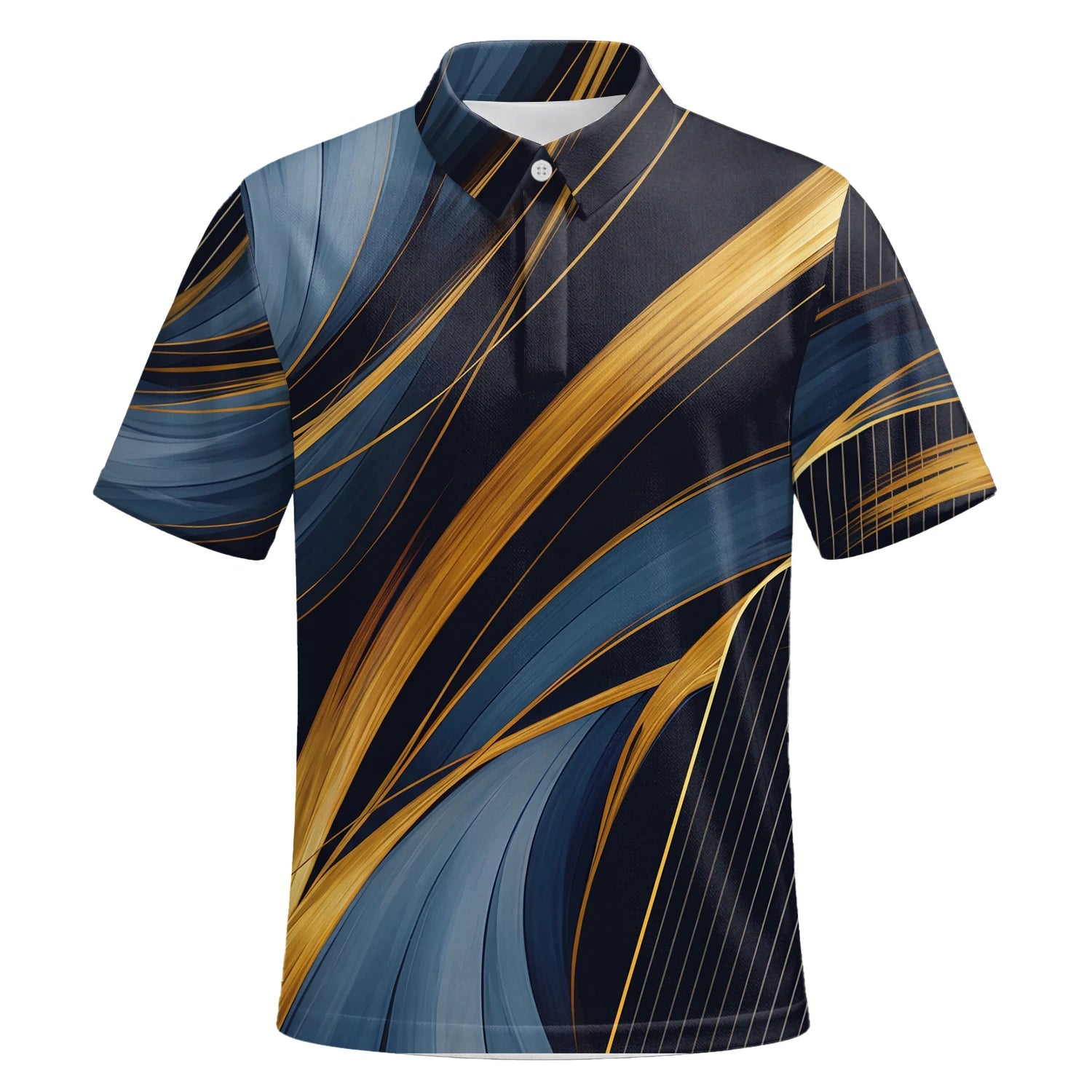 Personalisiertes Golf Poloshirt in Marineblau-Gold mit abstraktem Bänder-Design für Herren V6882 | Kurzarm Premium | 6.webp