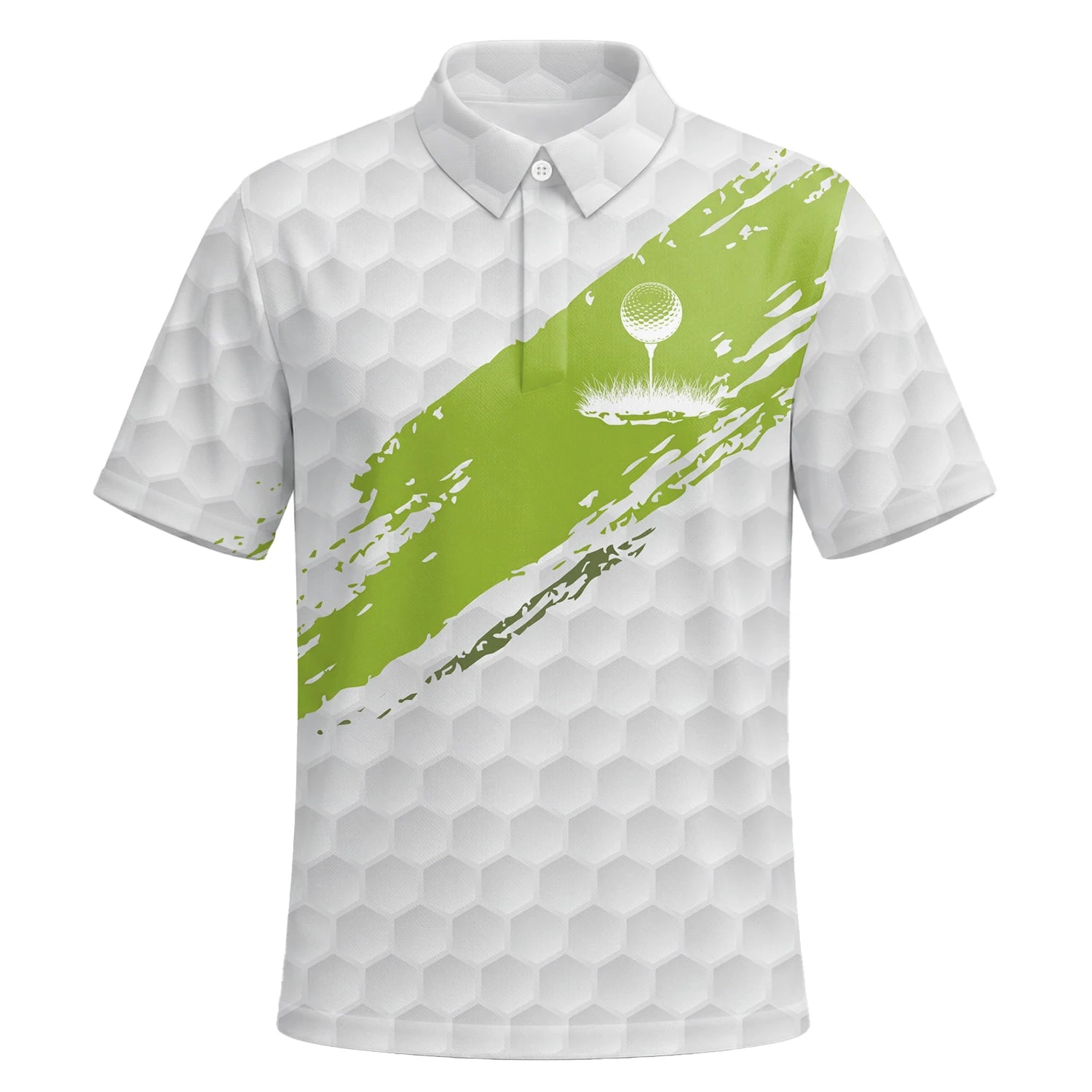 Personalisiertes Golf Poloshirt in Weiß-Limettengrün mit Golfball-Textur und Pinselstrich für Herren M6914 | Kurzarm Premium | 6.webp