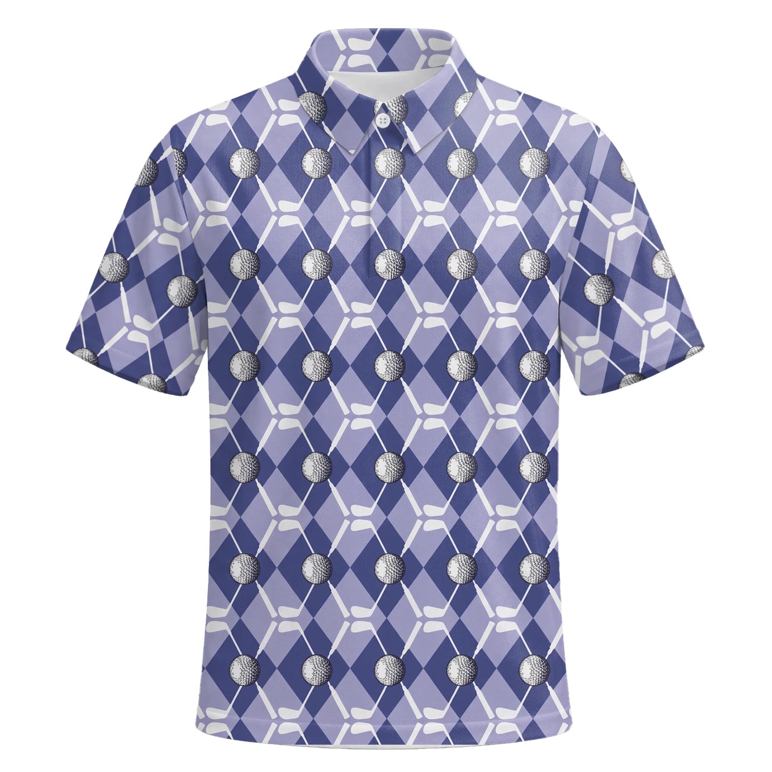 Personalisiertes Golf Poloshirt Blaues Rauten Golfball Golfschläger Design für Herren F3847 | Kurzarm Premium | 6.webp