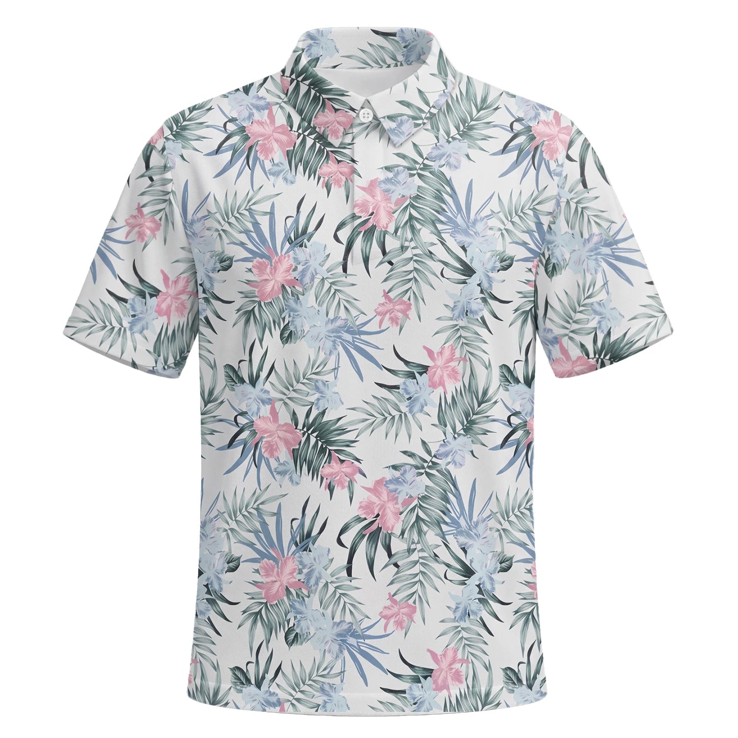 Personalisiertes Golf Poloshirt Weiß Rosa Tropisches Blumen Blätter Design für Herren C1037 | Kurzarm Premium | 6.webp